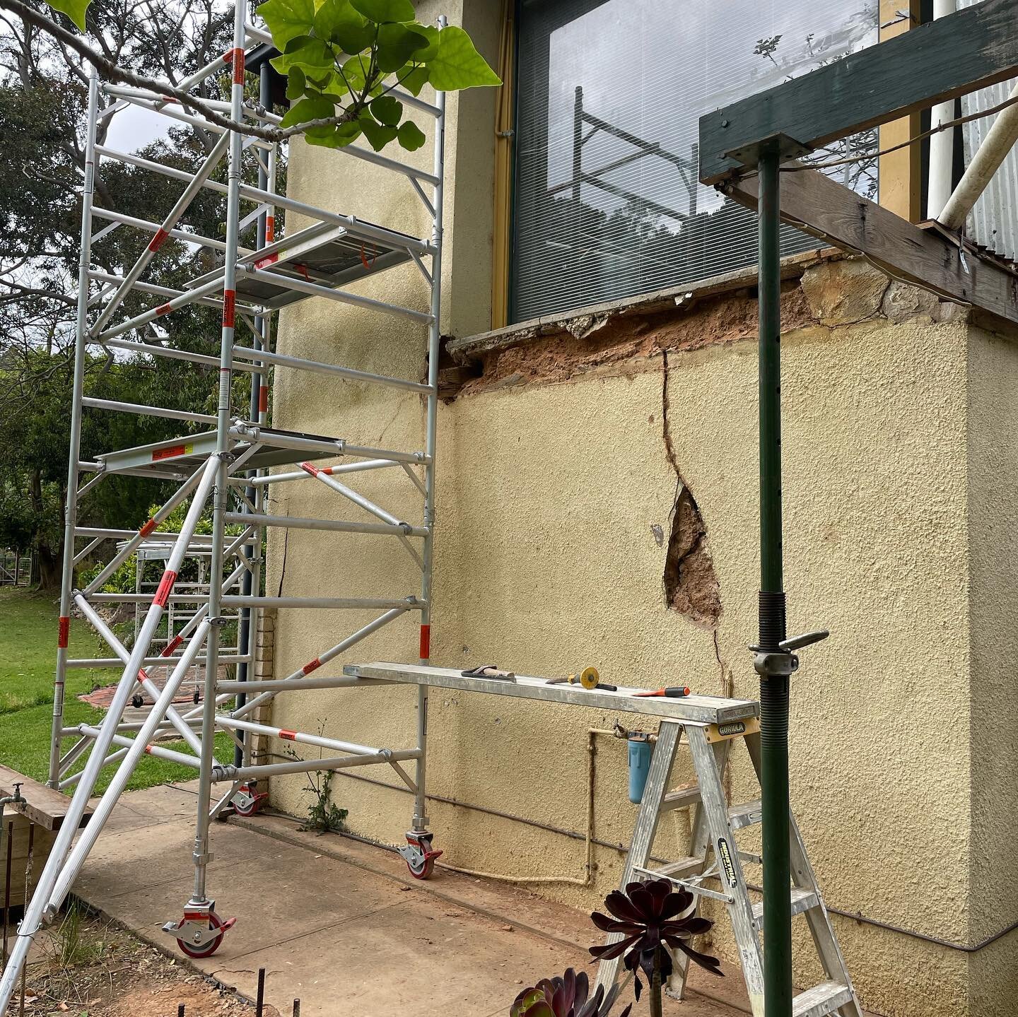 Well here we go again. Well sort of. Not stone! Very strong cement render with Tyrolean finish has blown in places and undermined the rammed earth walls. Render is hard to get off but I love a challenge and my new scaffold! #limerender #rammedearth s