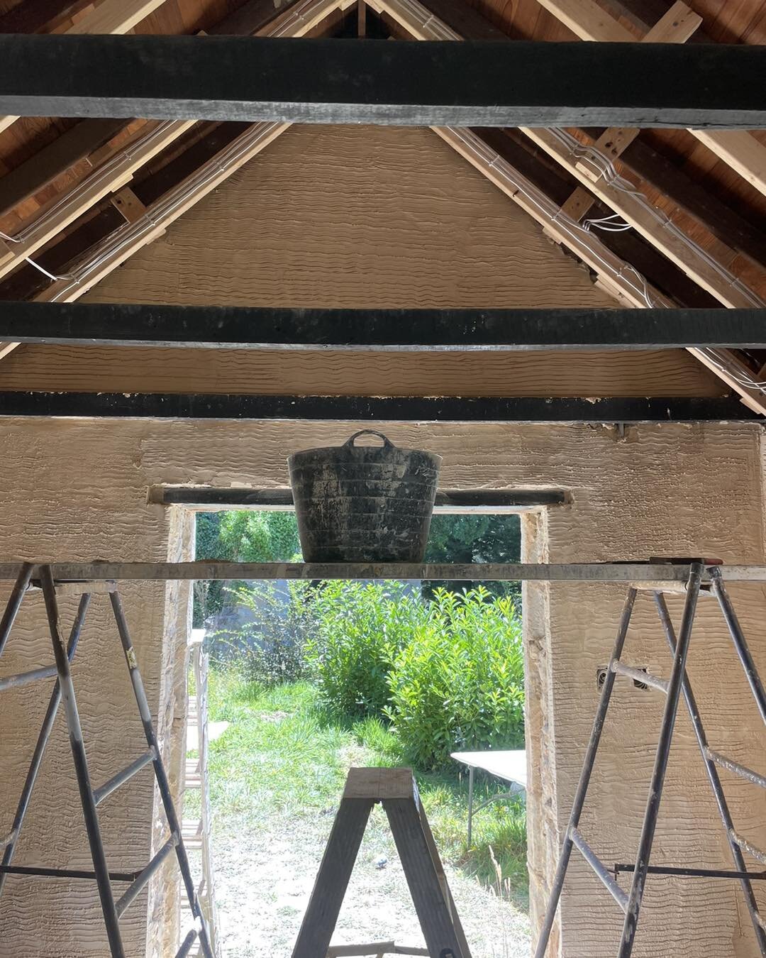 Left the 'folly' in Aldgate to settle down after many layers of Lime render covered some pretty deep stones. When we return we will plaster board the raked ceiling that we added timbers too, to adjust the angle of the &lsquo;rake&rsquo;. Once that st