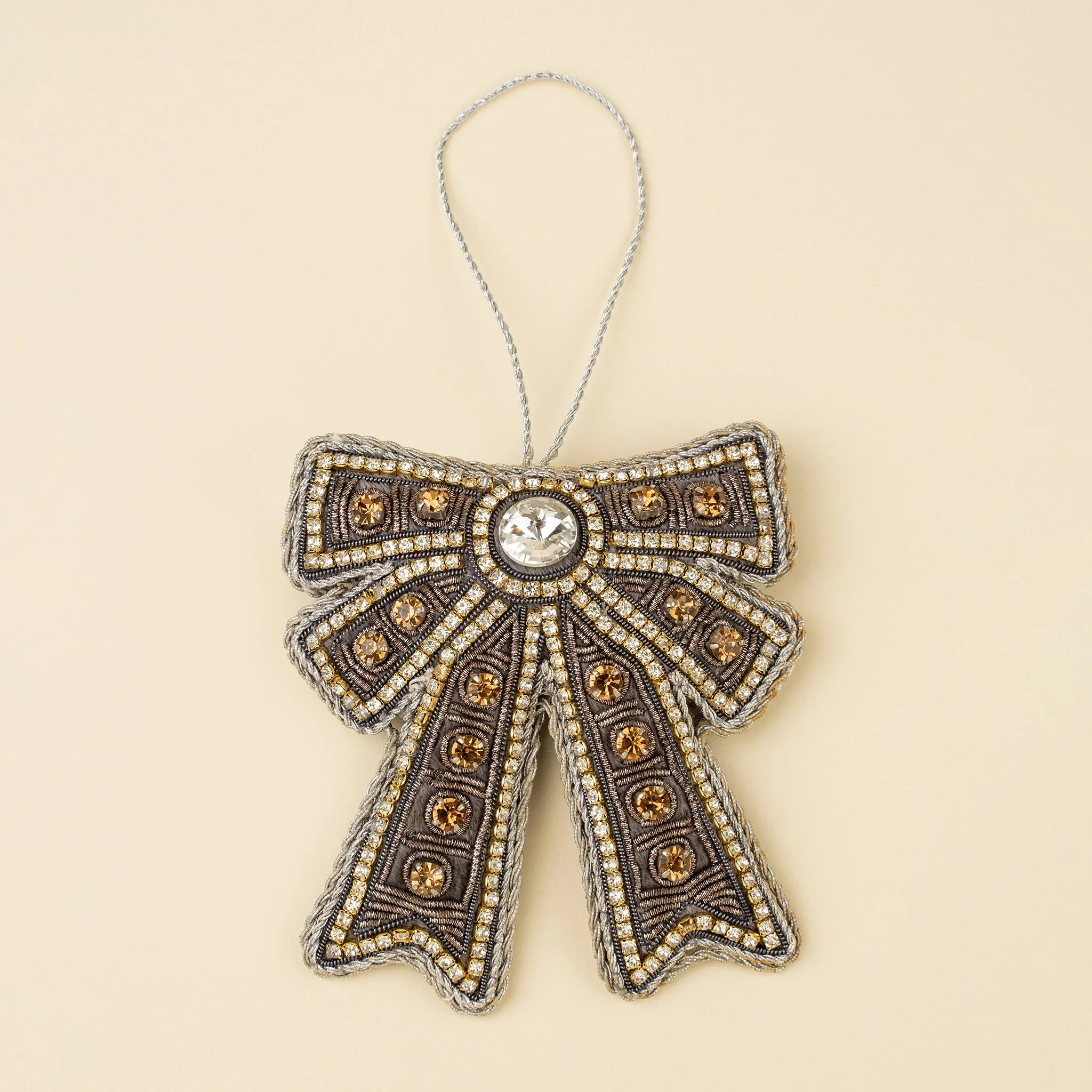 Beaded Bow Zardozi Holiday Ornament, Grey