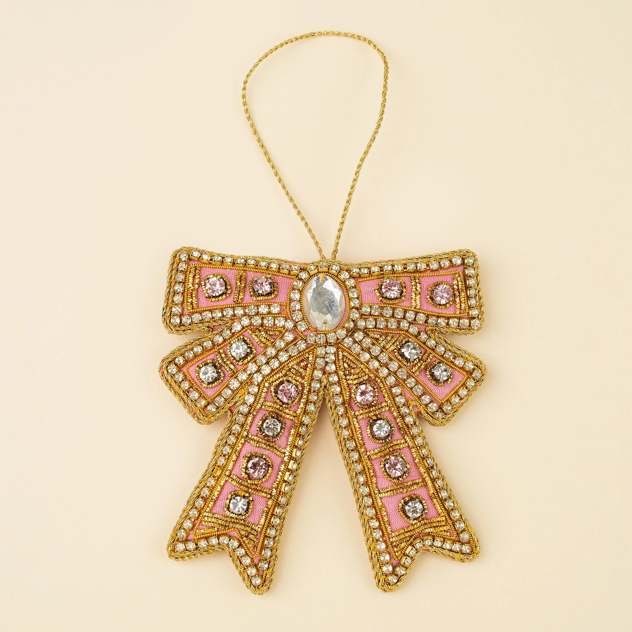 Beaded Bow Zardozi Holiday Ornament, Pink