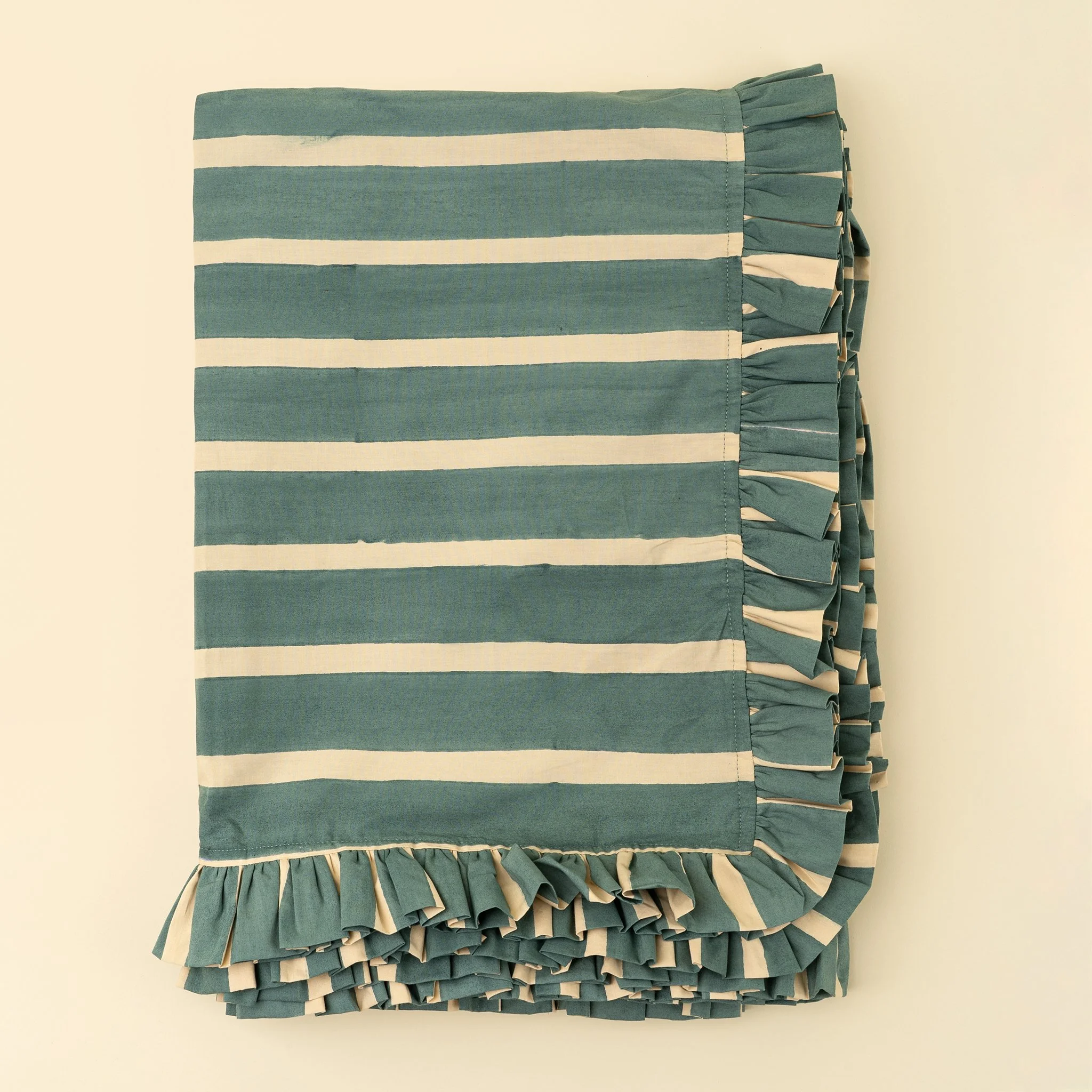 Block Print Stripe Ruffle Tablecloth, Blue - 104"L