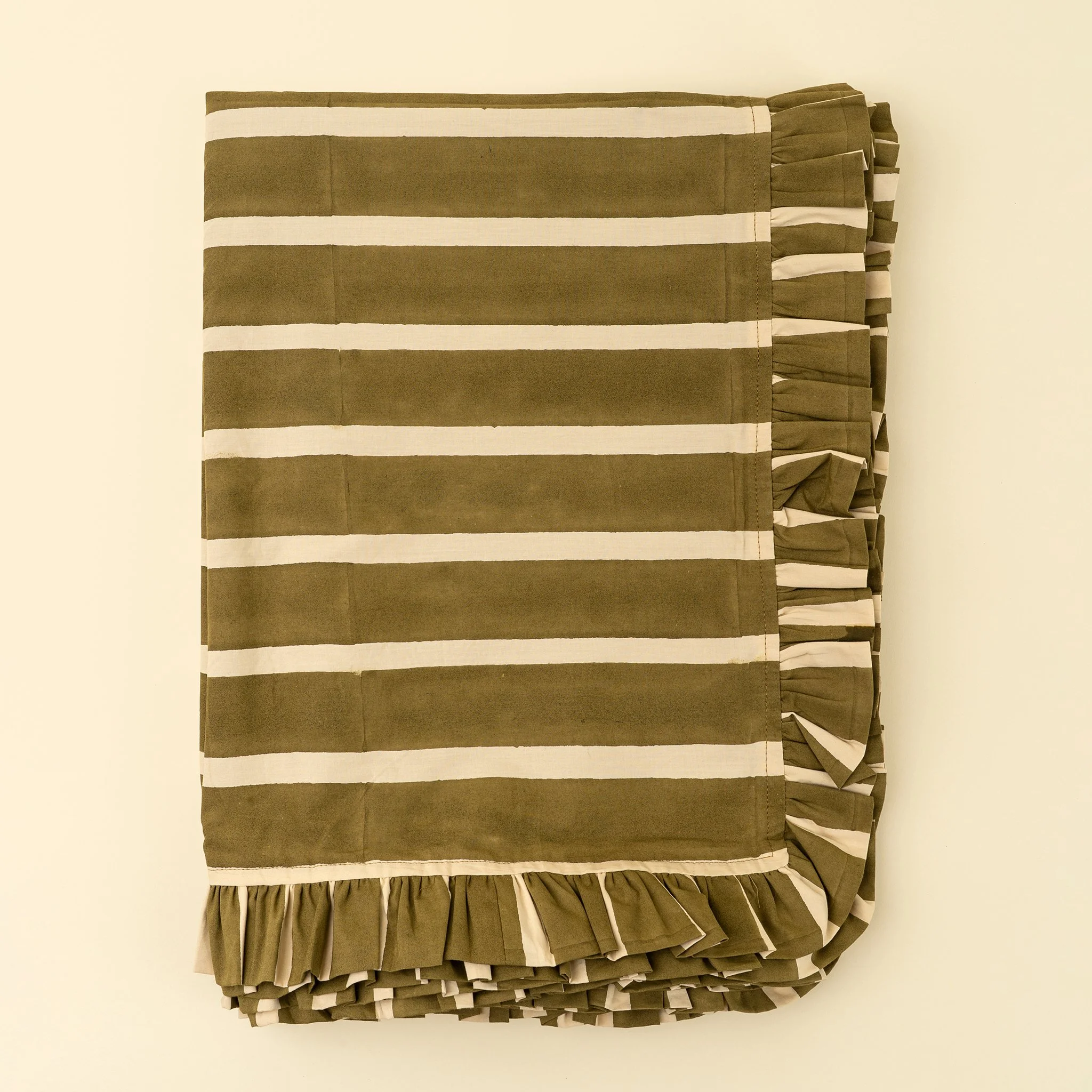 Block Print Stripe Ruffle Tablecloth, Olive - 104"L