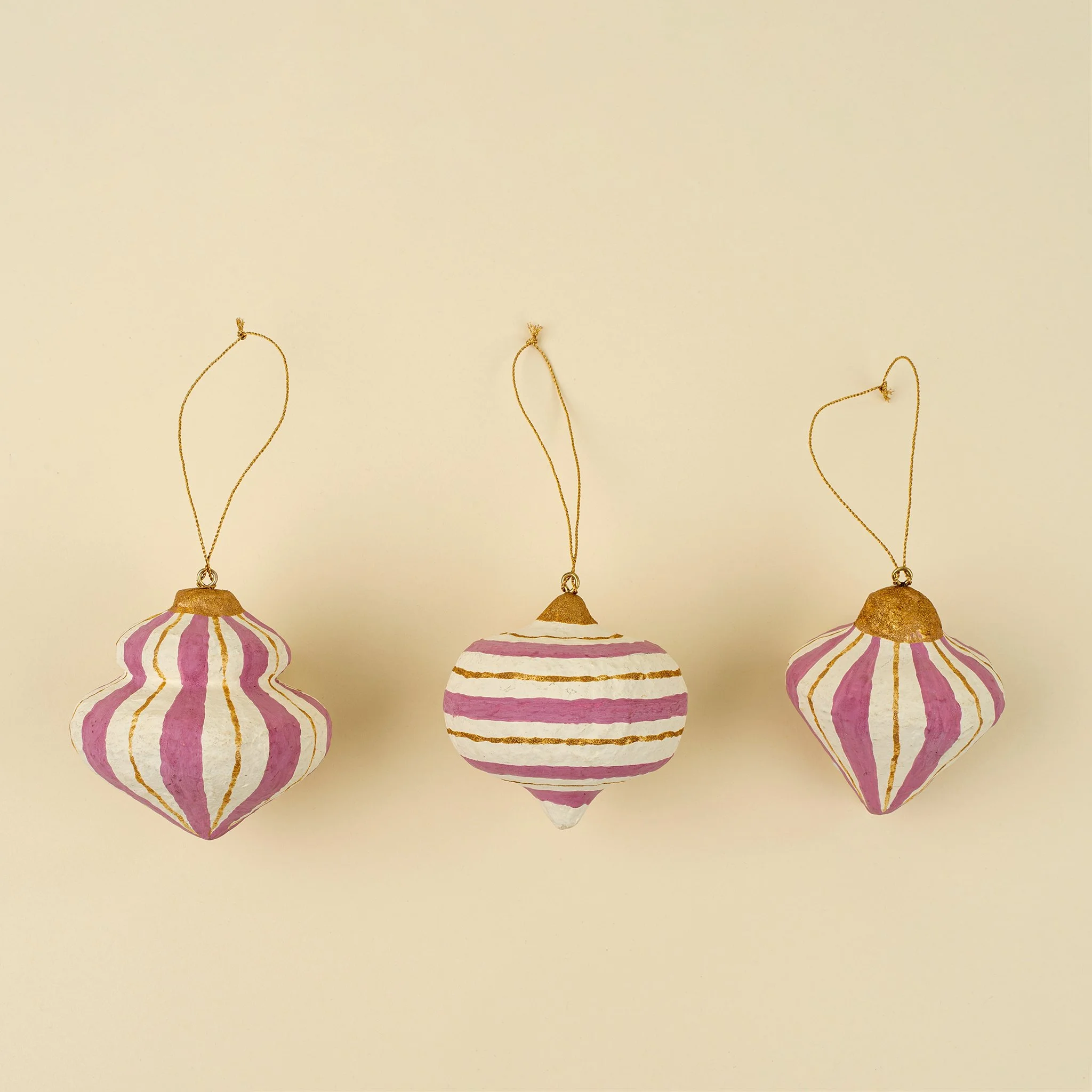 Striped Paper Mache Ornaments S/3, Pink