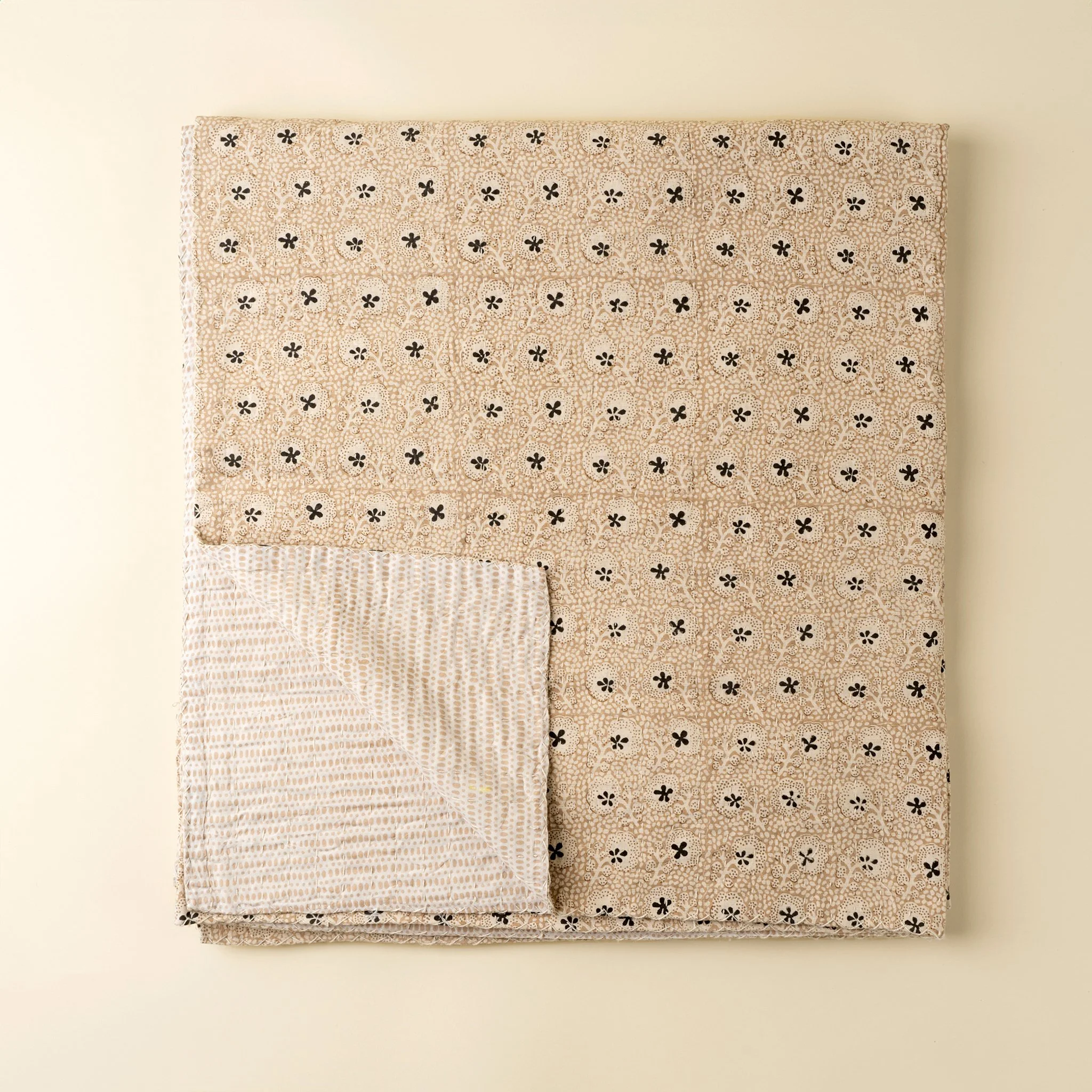 Clover Block Print Kantha Bed Blanket