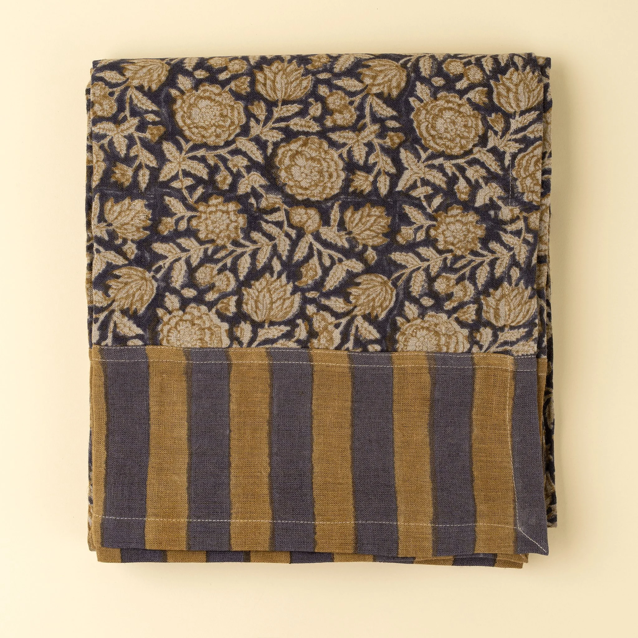 Floral & Stripe Block Print Linen Tablecloth