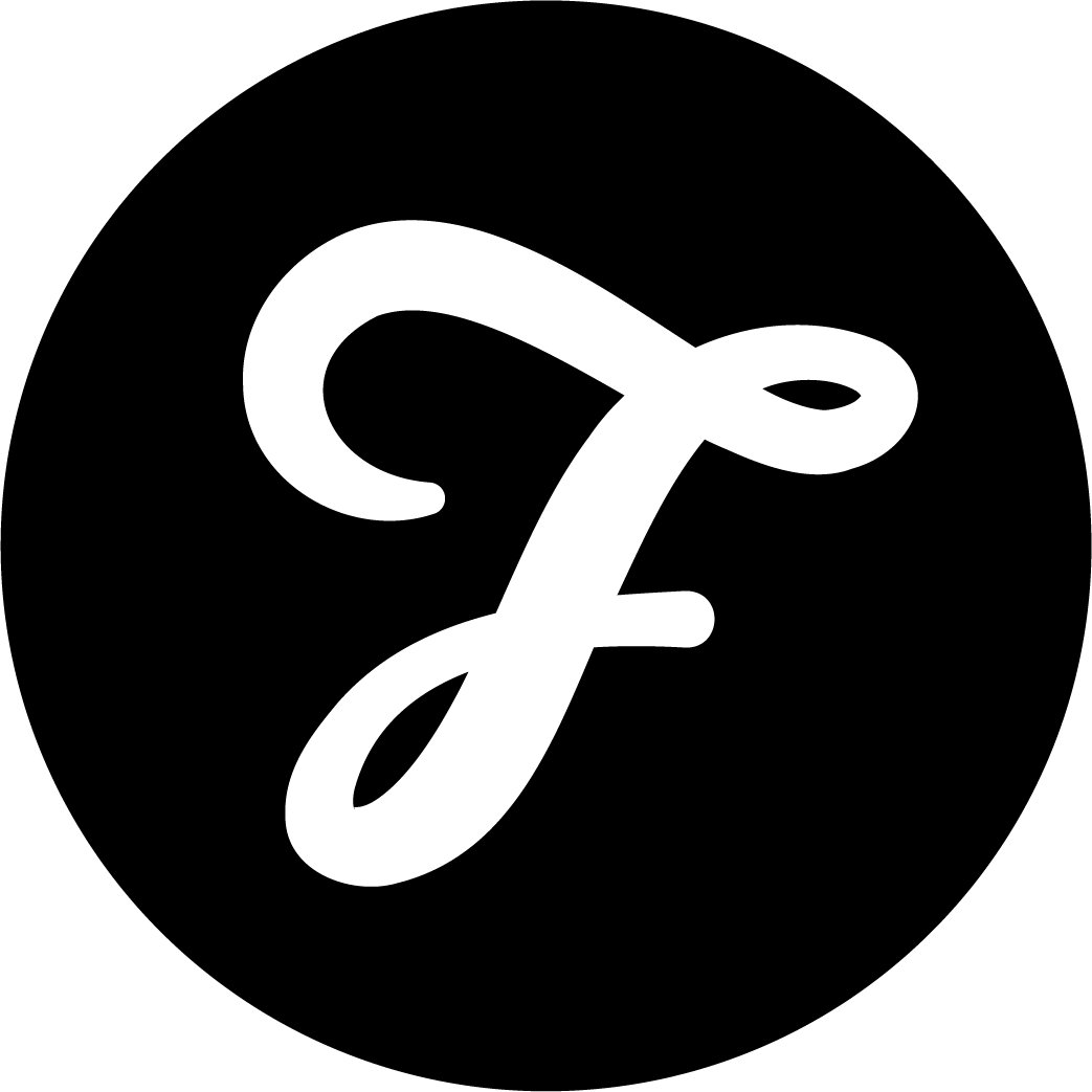 A white "F" in cursive on a black background