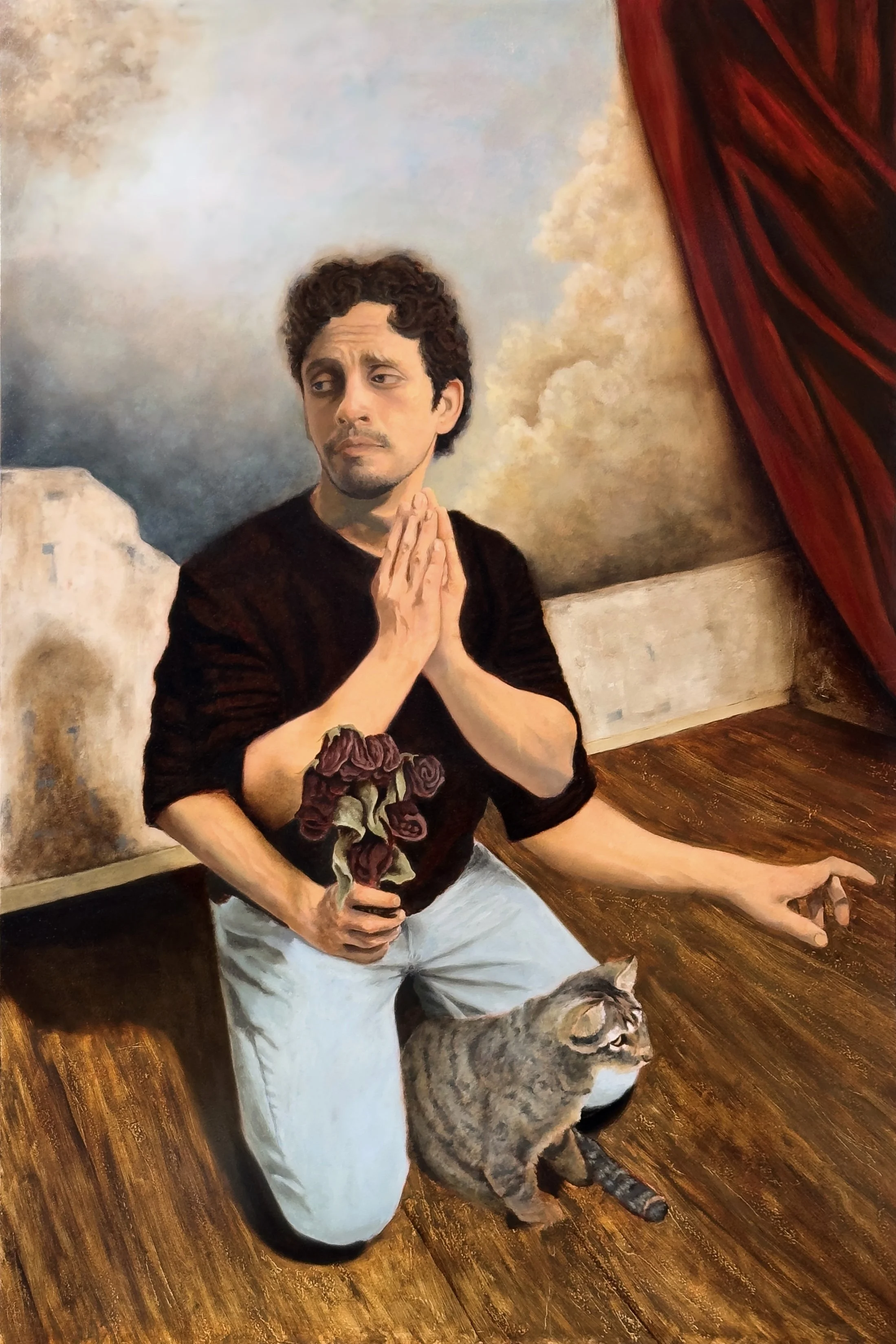 The Costume of Devotion, contemporary figurative oil painting by Danny Gordo depicting a kneeling figure holding wilted flowers on a theatrical stage beside a cat.
