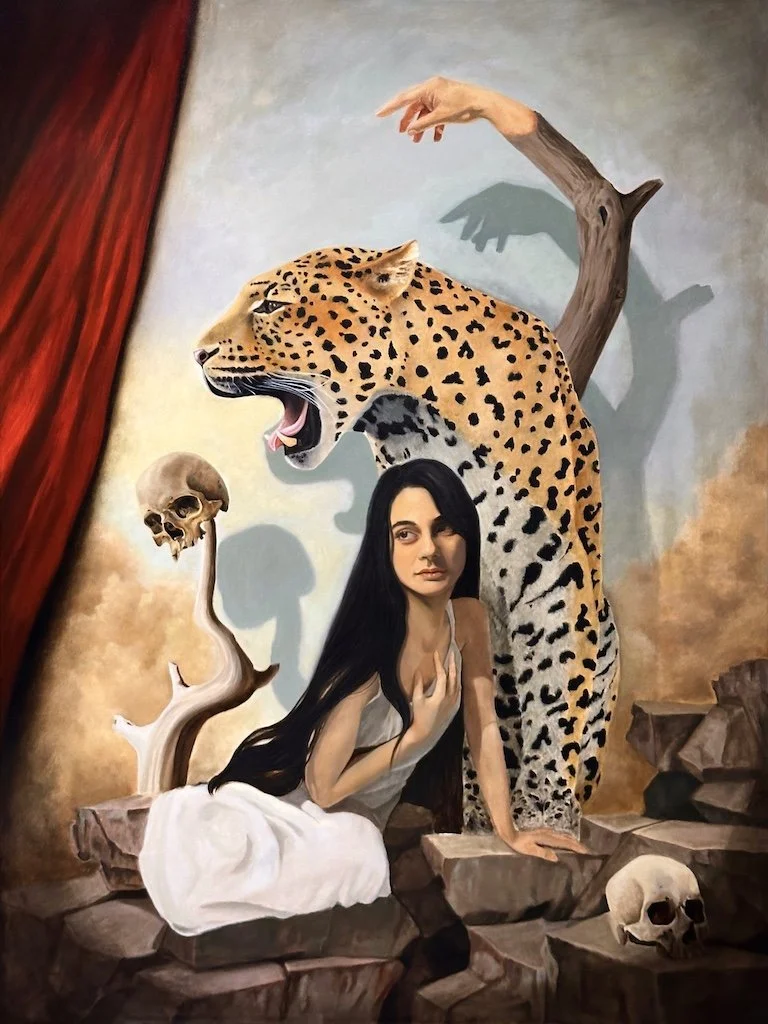 Can Anybody Hear Me, symbolic figurative oil painting by Danny Gordo depicting a woman seated beside a leopard among skulls and stone ruins, exploring communication, power, and contemporary symbolism.