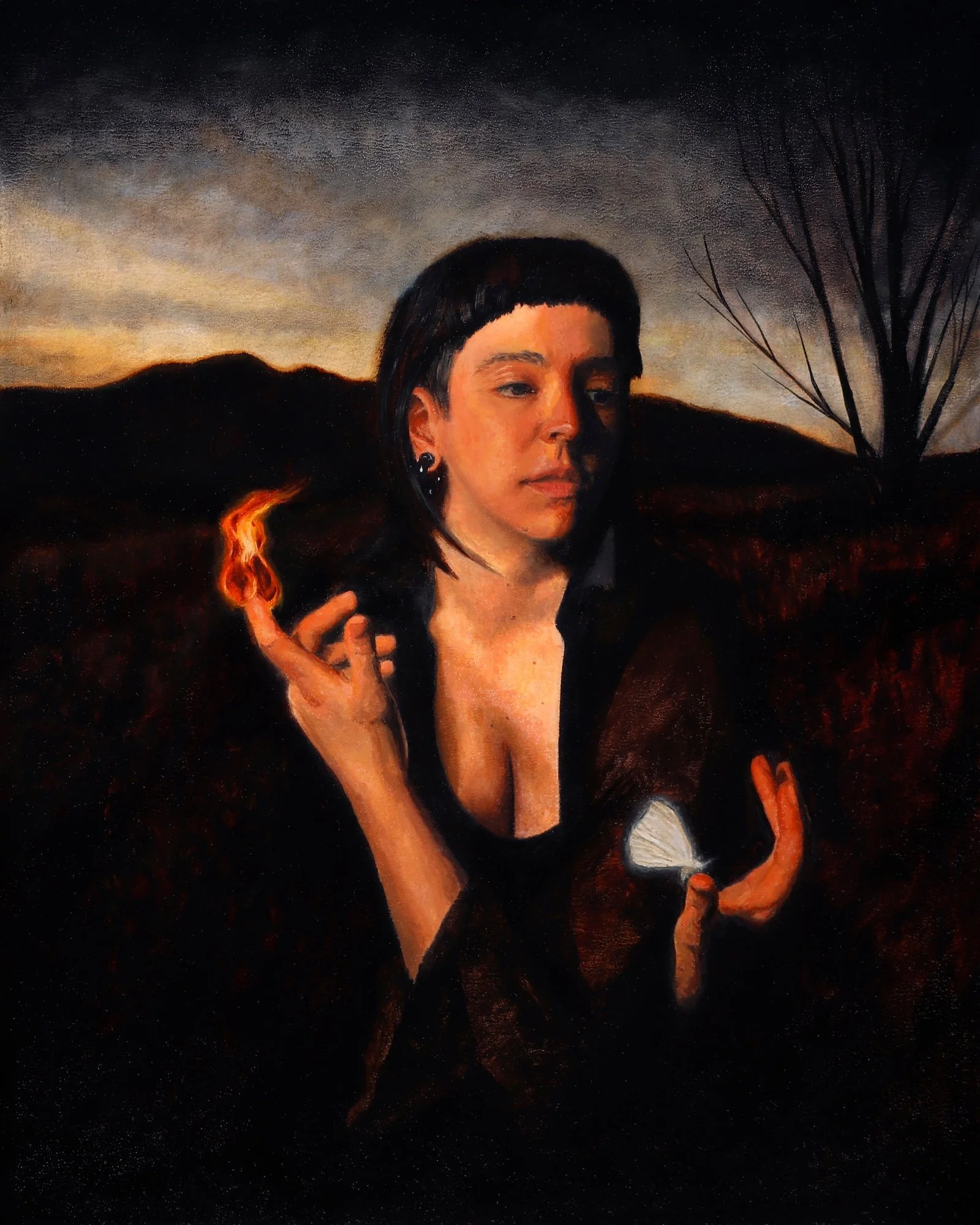Contemporary figurative painting of a woman dealing with the choices of life, symbolized by attempting to control fire and a moth