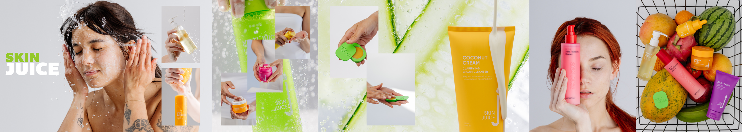 A collage of skincare products and women in skincare routines, including a woman washing her face, applying products, and holding skincare bottles, alongside fresh fruits like watermelon, orange, pear, and mango.