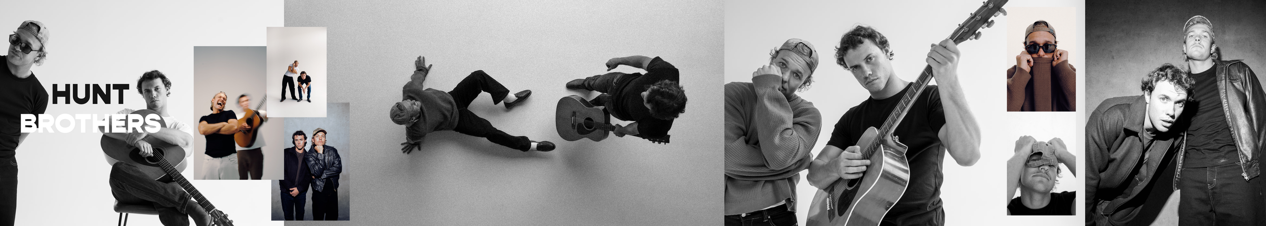 Collage of black and white and color images of young men, some with guitars, in various poses and expressions, with the words 'HUNT BROTHERS' in bold black and white text.