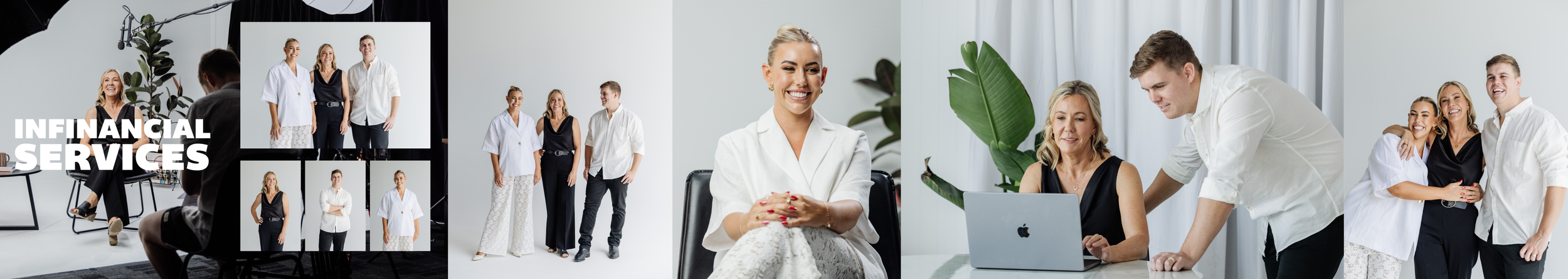 A collage of people in a professional photoshoot setting, with some images showing individuals and groups posing for the camera, and others depicting a meeting or interview environment, including a woman smiling and a woman working on a laptop. The text 'Financial Services' appears on the collage.