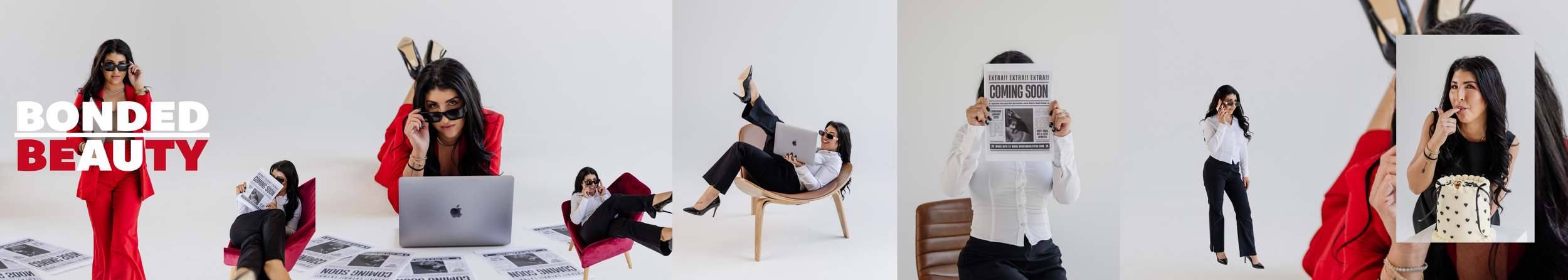 A collage of a woman with long black hair in different poses, wearing various outfits, including red suit, white shirt, and black dress, with props such as newspapers, laptop, and phone, in a studio with a plain background.