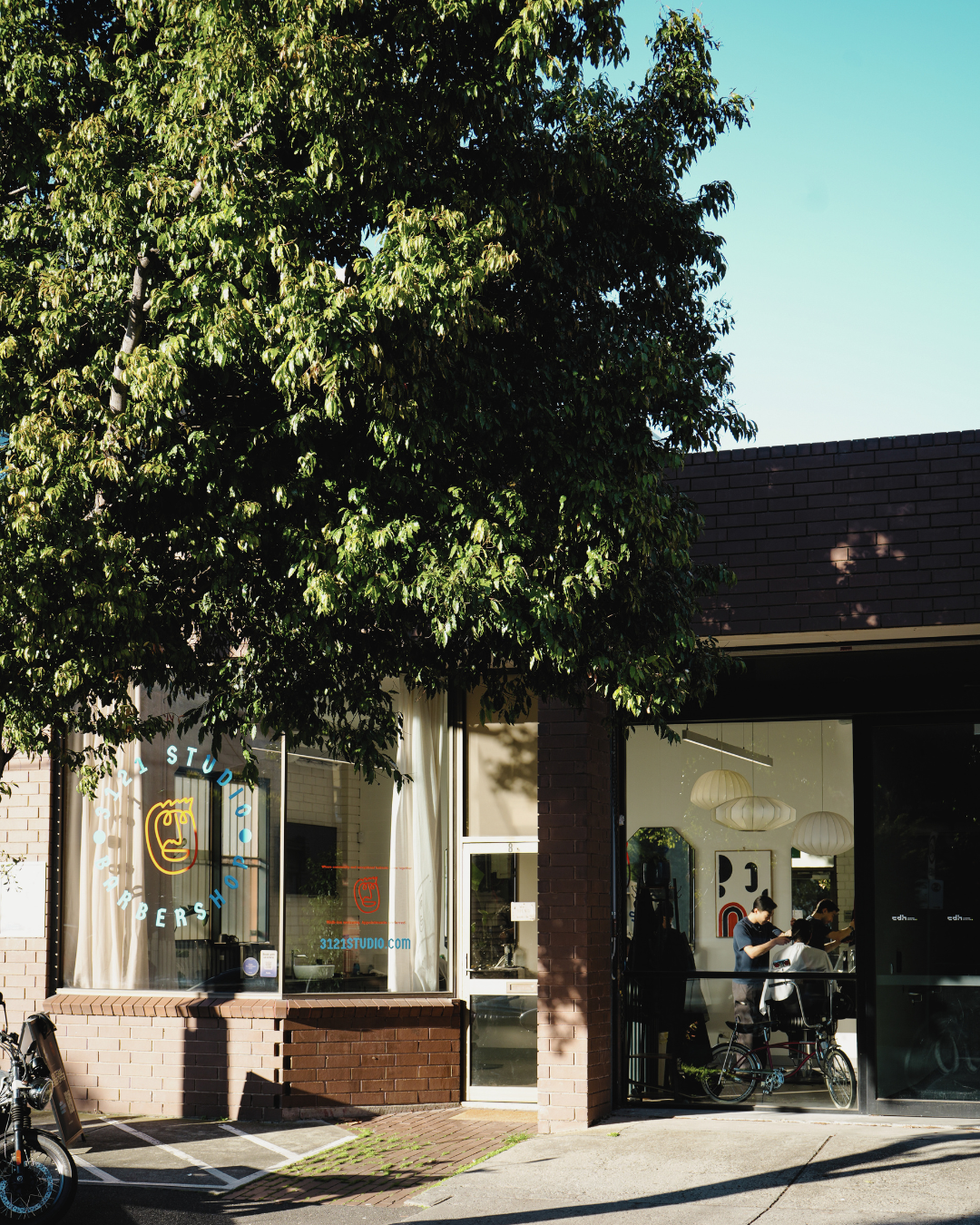 Exterior view of a storefront with a large tree in front, showing people inside through the window, bicycles parked outside, and artwork on the walls.