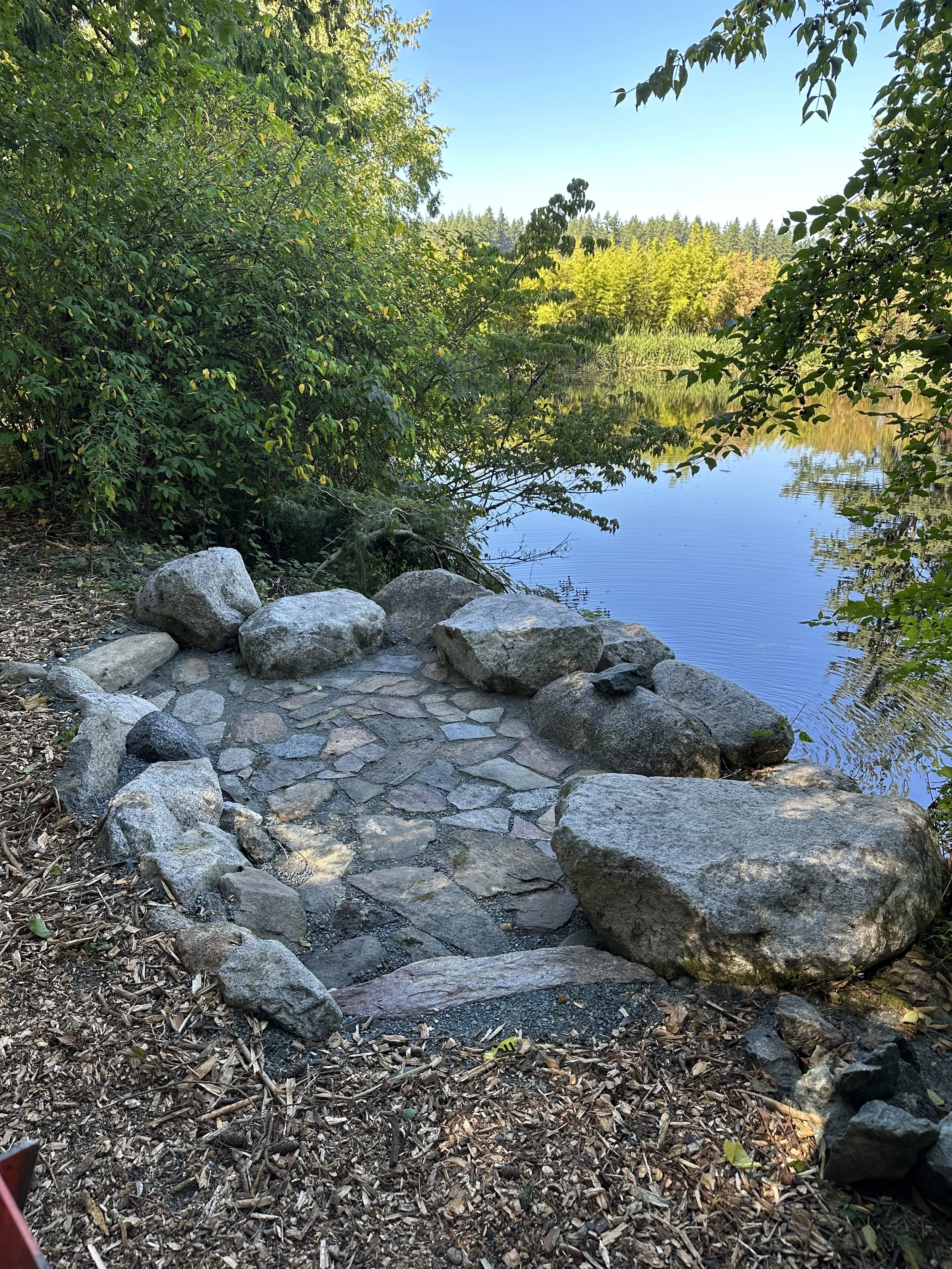 Sitting area next to pond