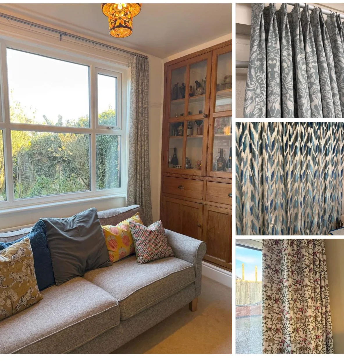 Various patterned curtains in a cozy living room with a window, sofa with decorative pillows, and a wooden display cabinet.