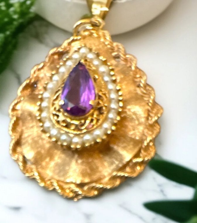 Vintage Solid Gold Pendant with Natural Amethyst & Pearl Accents  - 14K Gold