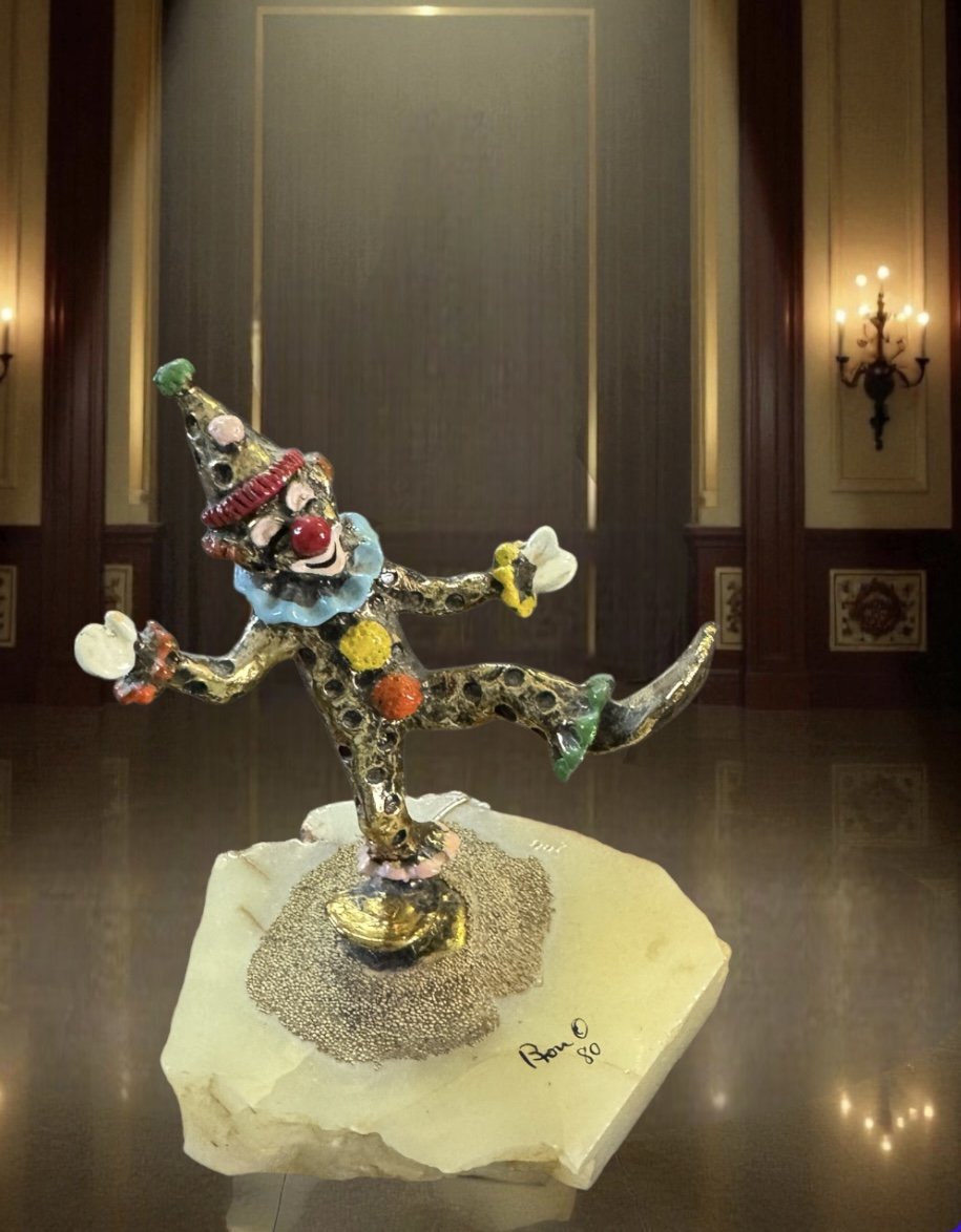 Ron Lee Clown Sculpture - 24K Gold Plated Figurine - Clown on Marble Base - Signed by The Artist.