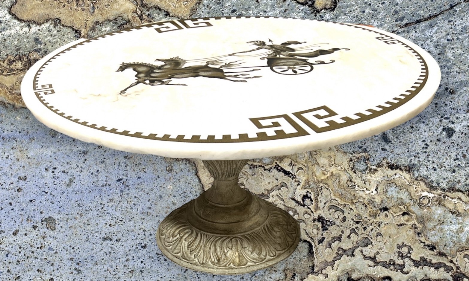 PC AY 066   Italian Marble Round Greek Key Chariot MCM  Cocktail Table -Rare