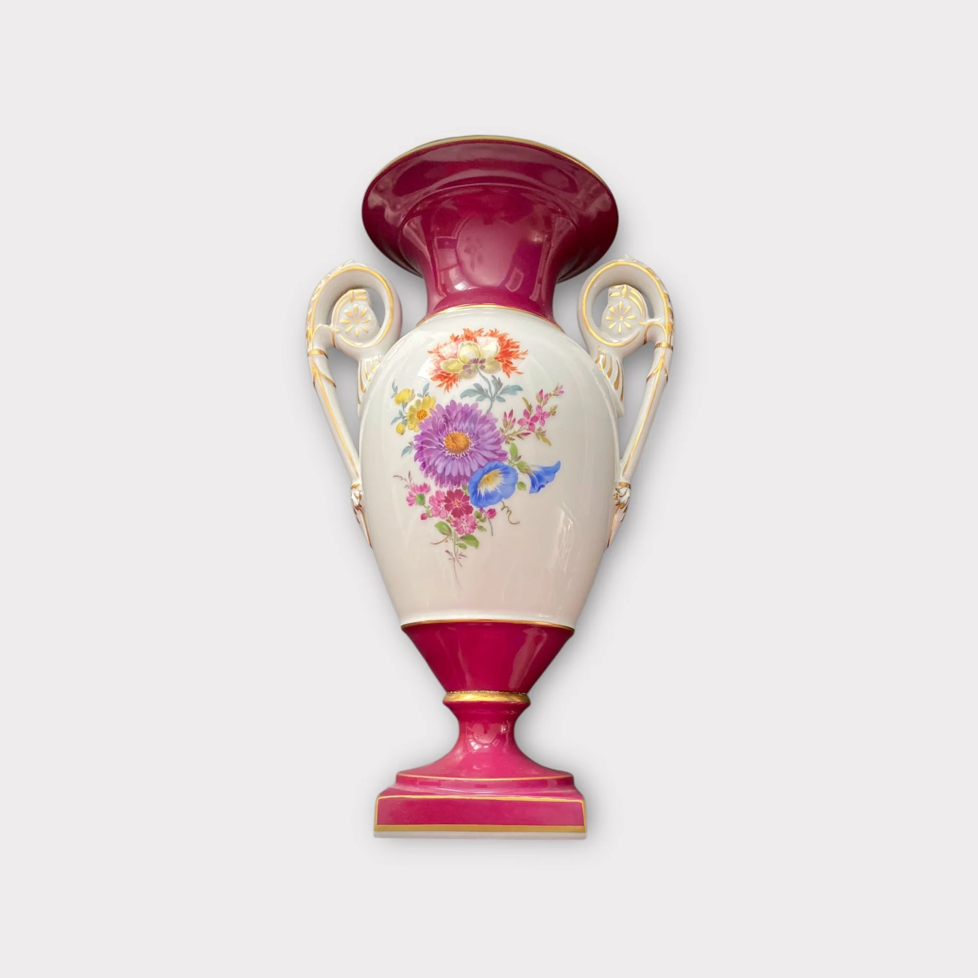 Vintage Meissen Hand-Painted Floral Porcelain Urn Vase with Cranberry Accents & Gilded Handles