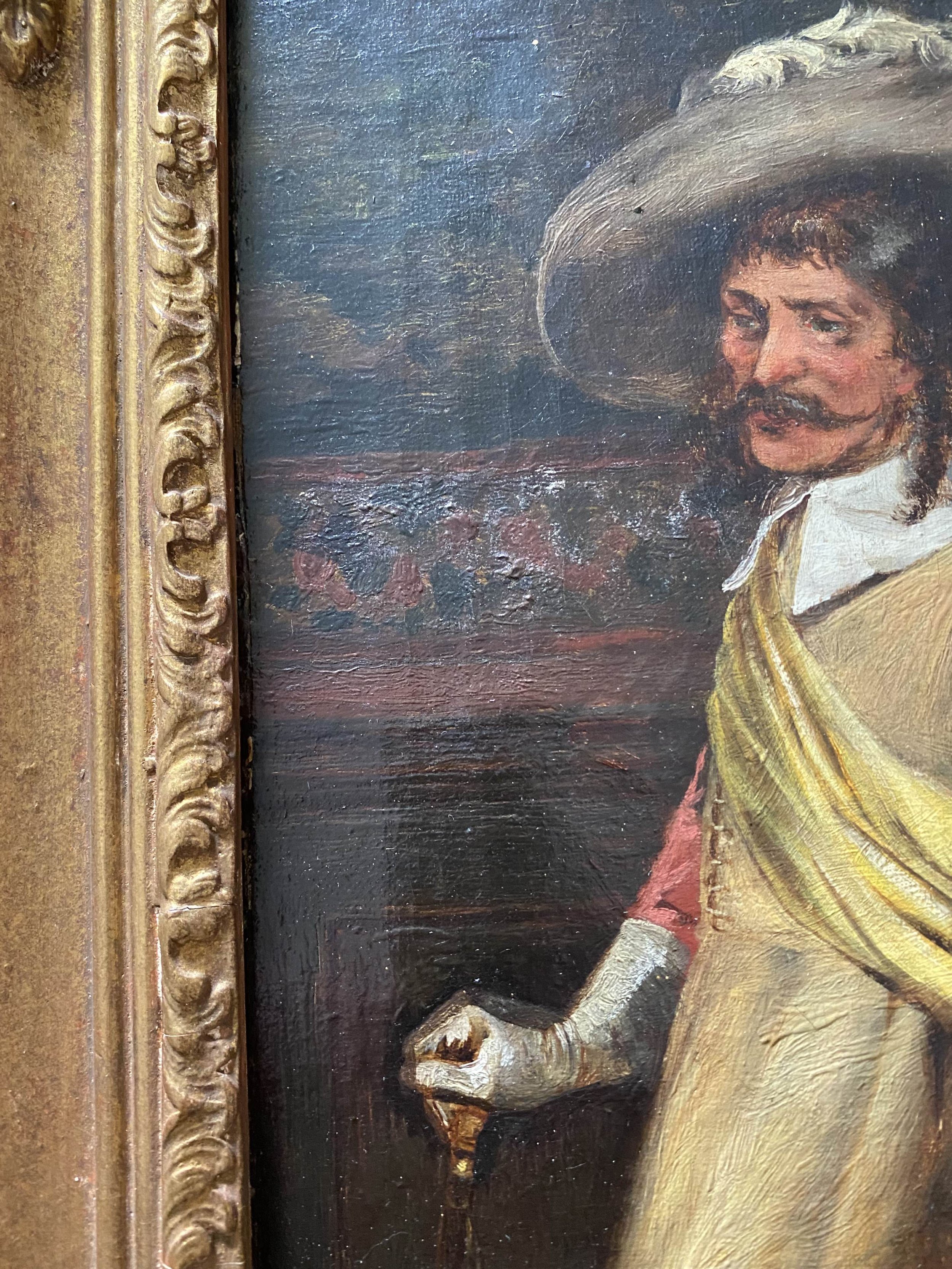 Close-up of a classic portrait painting showing a man with a mustache wearing a wide-brimmed hat, a cape, and a glove, holding a cane. The painting is set in a decorative frame.