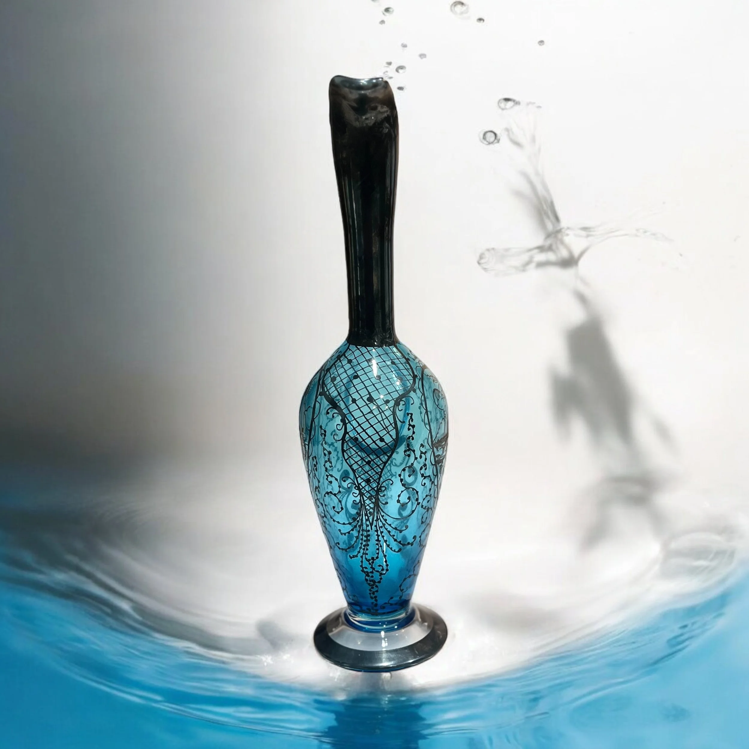 PC AY 058   Vintage Italy  Venetian Blue Crystal Glass Pitcher With 925 Sterling Silver Overlay