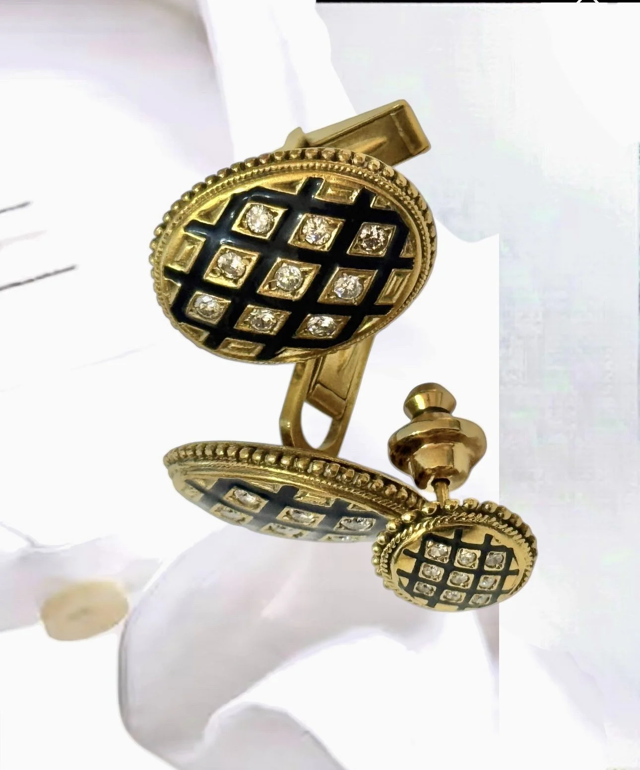 Gentleman’s  Vintage 14K Gold - Diamond  Accent and Black Enamel Cuff Links and Tie Stud