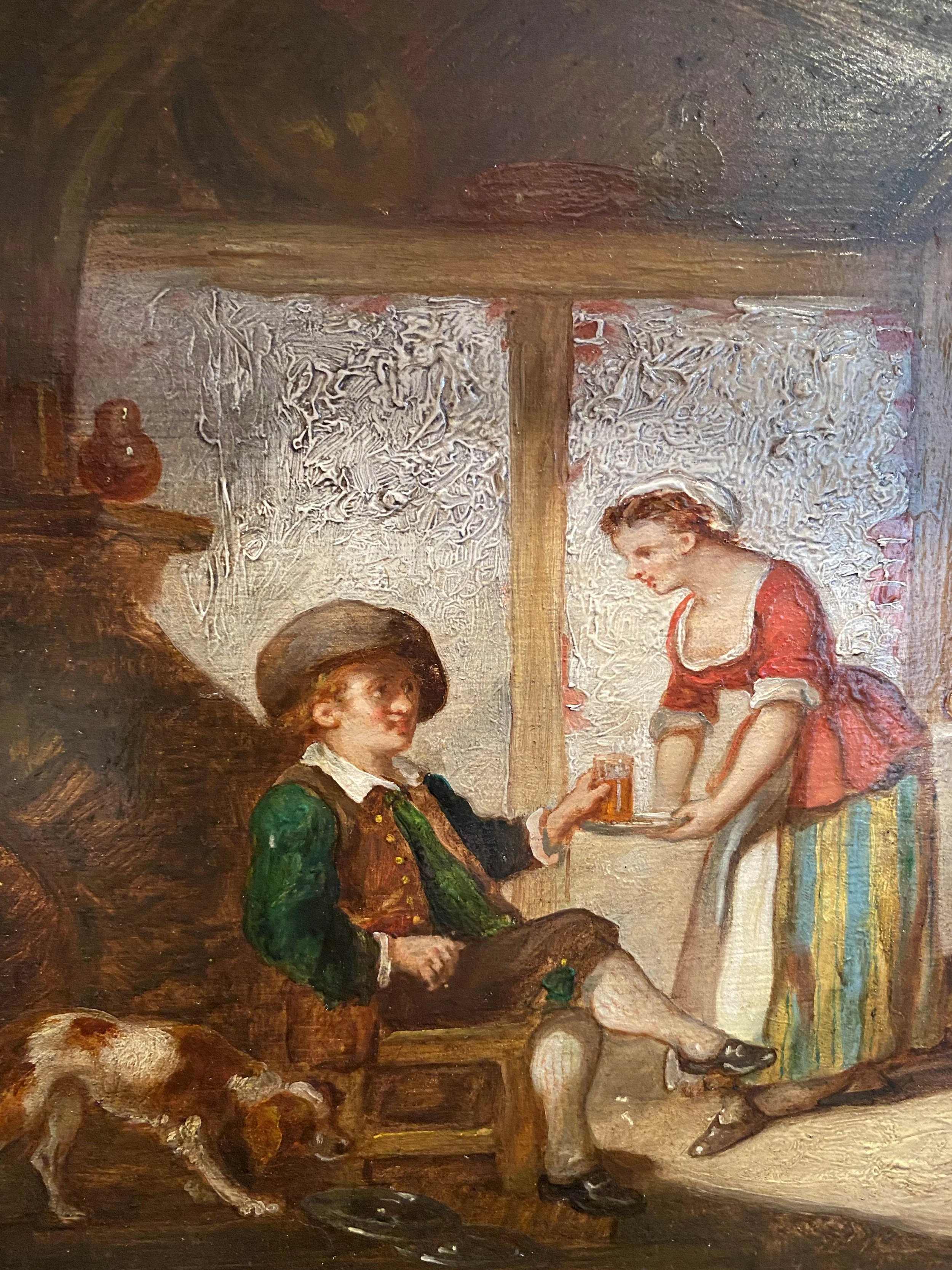 A classical painting depicting a woman in period clothing handing a drink to a seated man wearing a hat, with a dog nearby. The interior has a rustic setting with a window and textured walls.