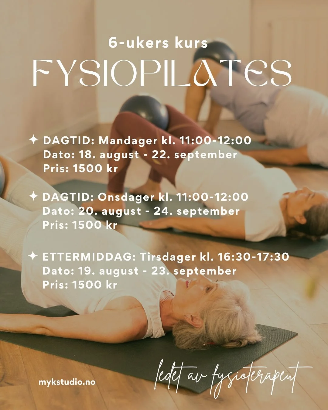 Nye kurs i FysioPilates starter i august 🌼 

Denne h&oslash;sten kommer vi til &aring; sette opp flere kurs, b&aring;de p&aring; ettermiddag og dagtid. Forel&oslash;pig kan du velge mellom:

Mandager kl. 11:00-12:00 (oppstart 18. aug)
Tirsdager kl. 