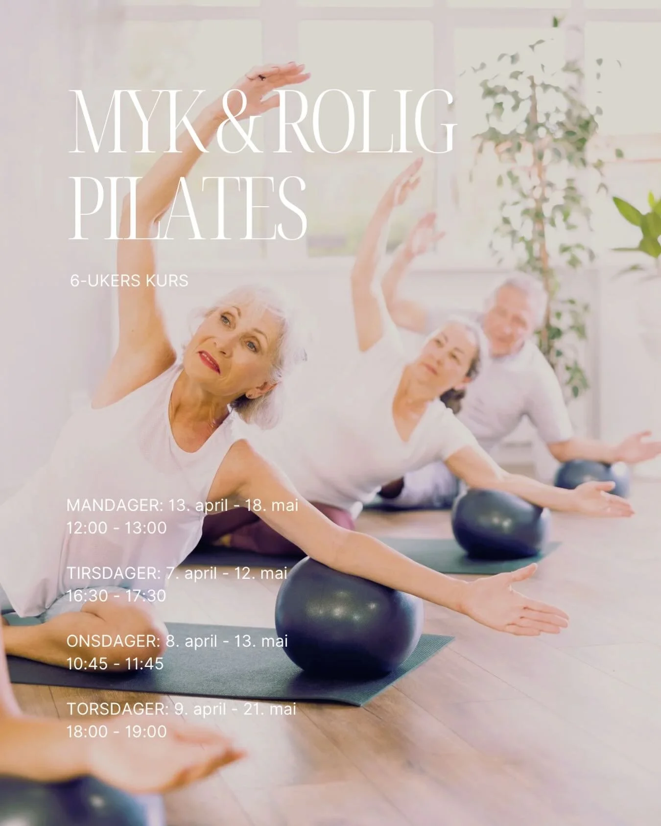 Velkommen til Myk &amp; rolig Pilates 🌸 

Dette er timer som er ledet av fysioterapeut, og som kombinerer grunnprinsippene i pilates med rehabiliterende &oslash;velser og mindfulness. 

Det er en terapeutisk og myk form for pilates hvor vi jobber me