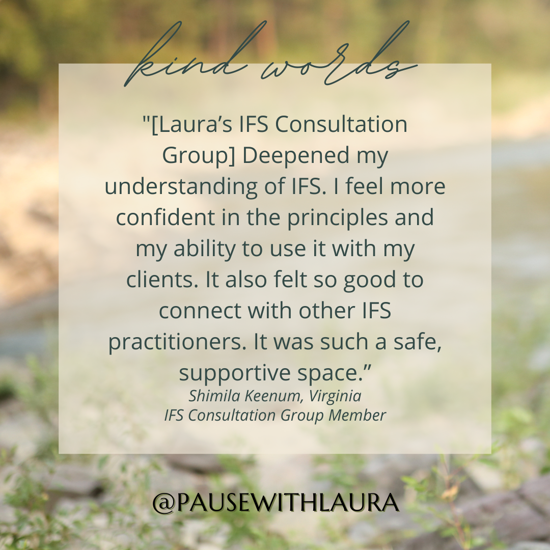 Written testimonial from an IFS consultation group member describing increased confidence, connection, and growth through Laura Schmidt’s work. "@PAUSEWITHLAURA" is mentioned at the bottom.