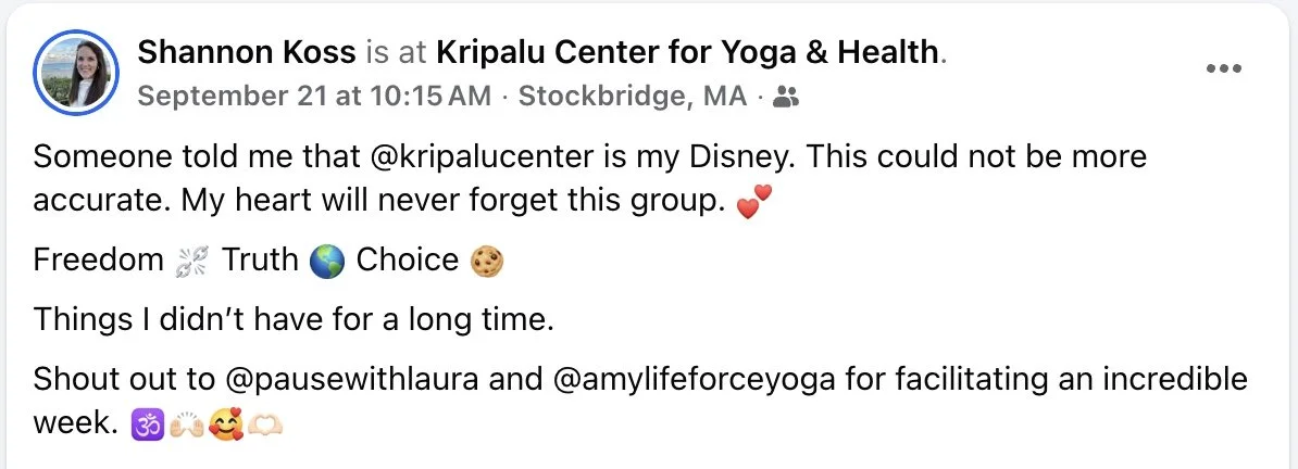 Shannon Koss sharing a written testimonial about her experience at an IFS retreat at Kripalu Center