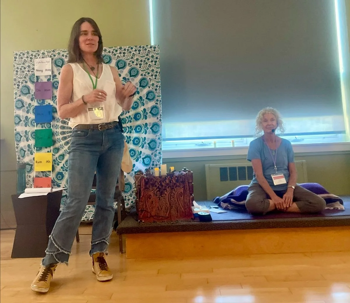 Laura Schmidt leading a session during an IFS retreat while participants engage in a calm, reflective setting