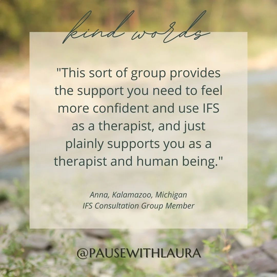 Written testimonial from IFS consultation group members describing support, confidence, and growth in Laura Schmidt’s groups, with the handle @PAUSEWITHLAURA.