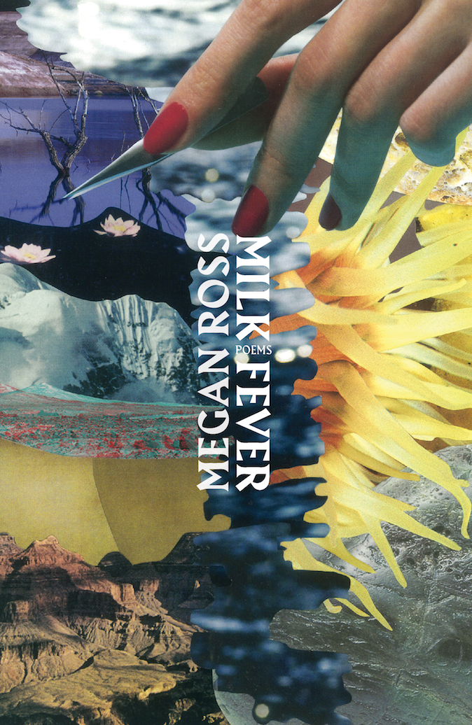 Cover of a poetry book titled 'Merganser and Other Poems' with a collage of natural scenes including a waterfall, mountains, water lilies, and a large yellow flower, overlaid with a hand holding a pen.