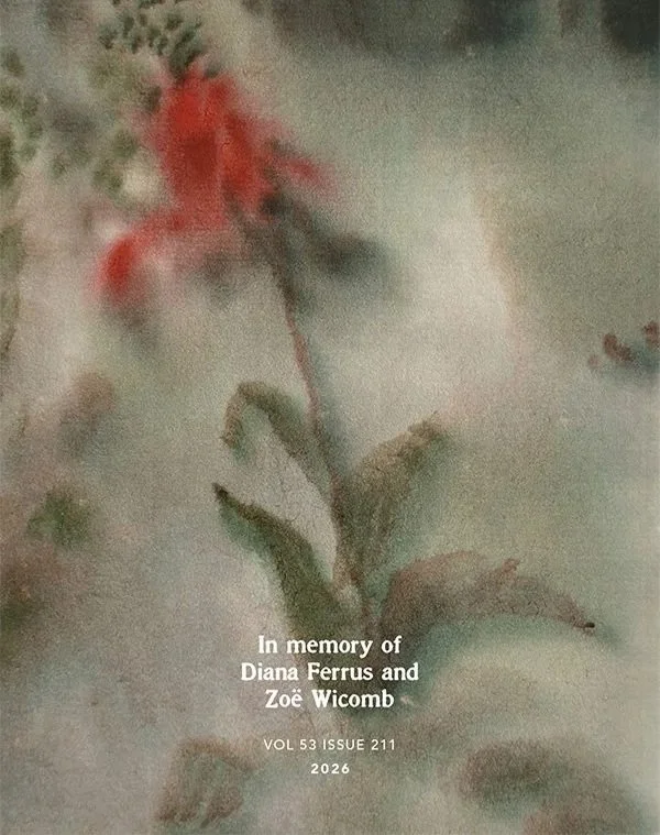A blurry, muted-colored image of a red flower with green leaves and stems, with a tribute message in white text to Diana Ferrus and Zoë Wicomb, from 2026.