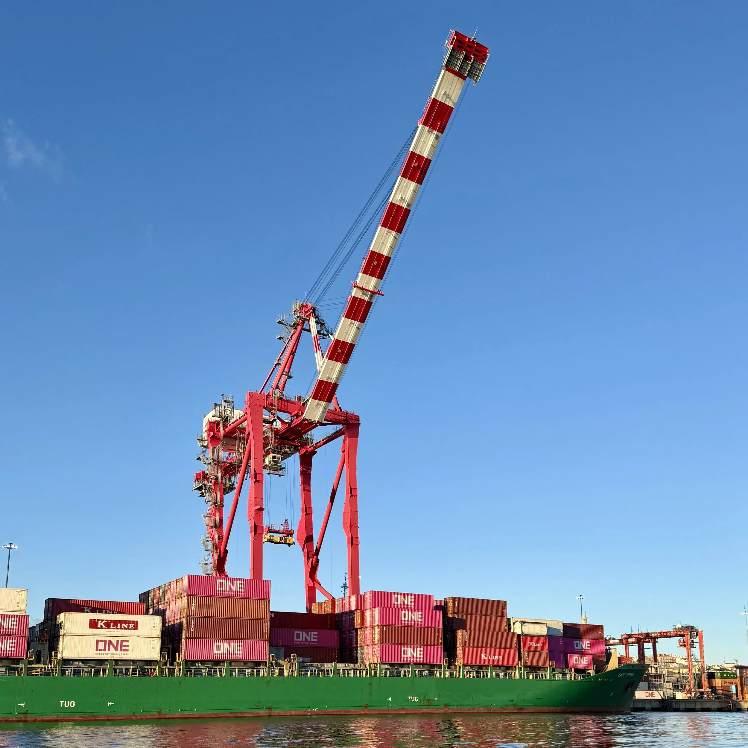 An interesting shipping crane with pink containers