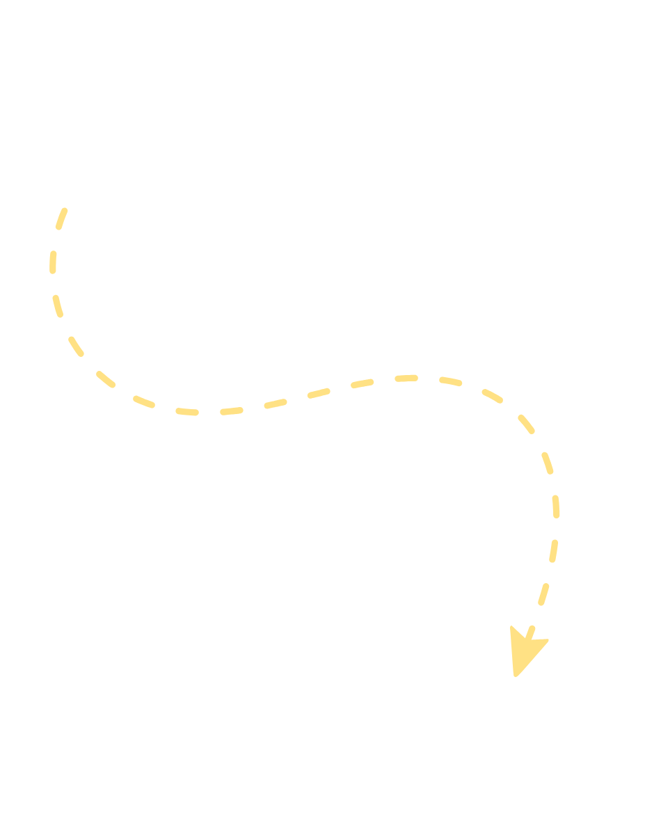 Een handgetekende gele gestippelde pijl buigt naar beneden en naar rechts, en wijst naar een geel pijlpuntje.