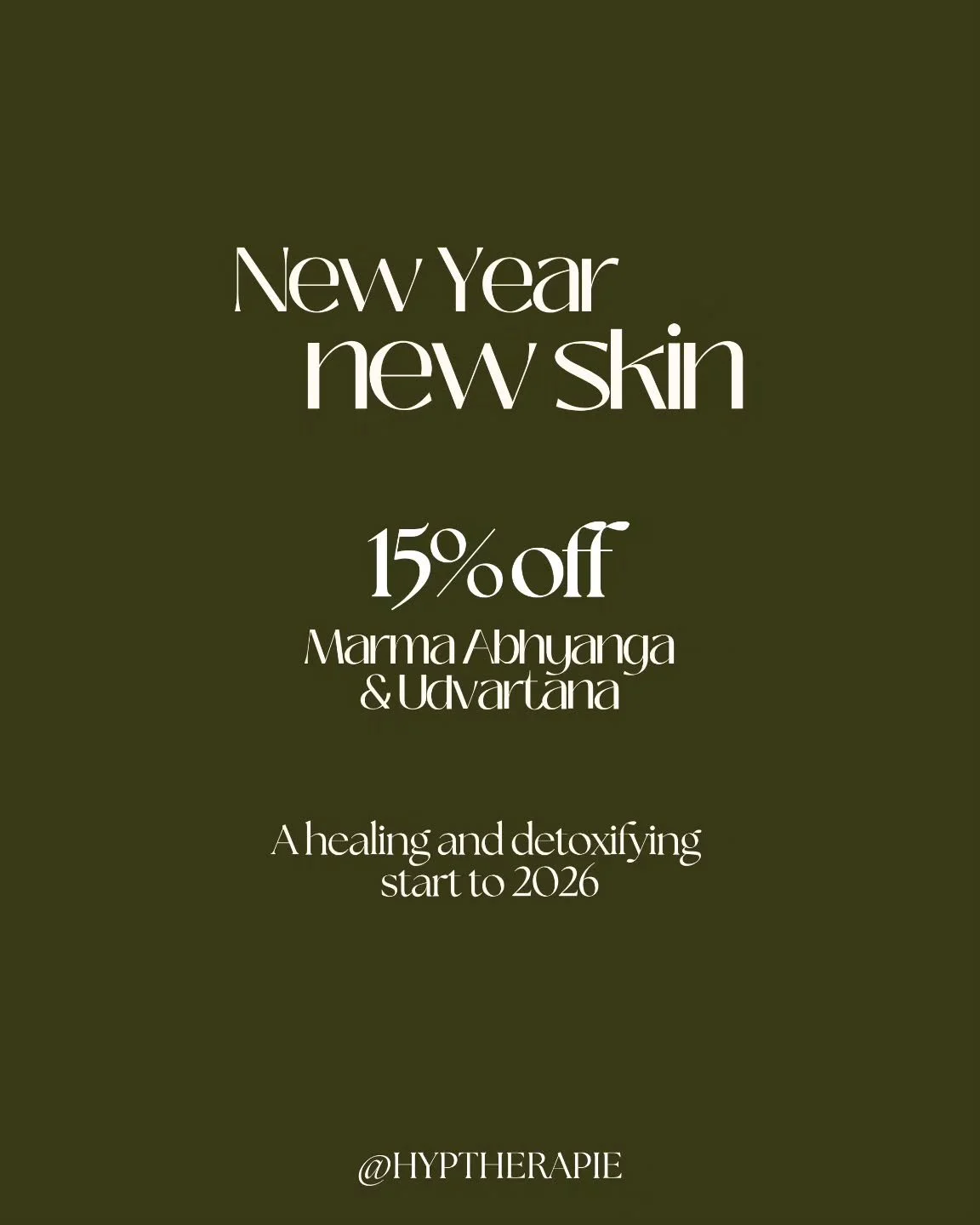 Start 2026 feeling relaxed and renewed ✨️

Treat yourself to Marma Abhyanga &amp; Udvartana - a deeply healing message, matched with a detoxifying scrub for glowing skin all over.

Receive 15% off when booking these two treatments together. 

DM to e