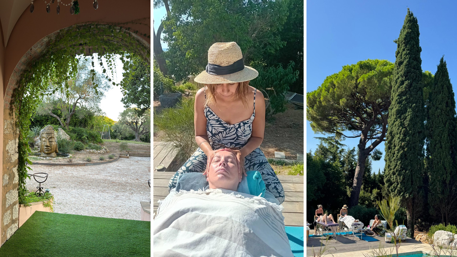 Three images - one of an archway with a fountain, one of Hyp massaging a woman, and one of trees and a pool