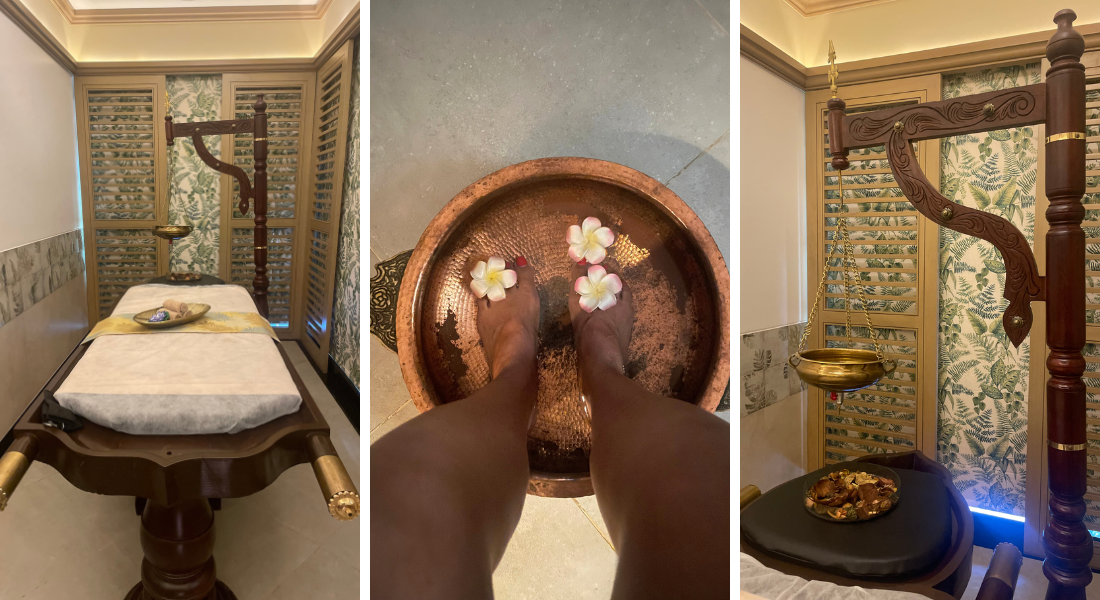 Three pictures - one of a massage bed, one of feet in a copper bowl, and one of a gold bowl hanging
