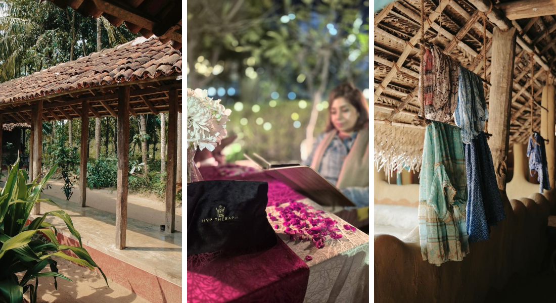 Three pictures - one of a wooden canopy, one of Hyp sitting at a table, and one of colourful cloths on a canopy