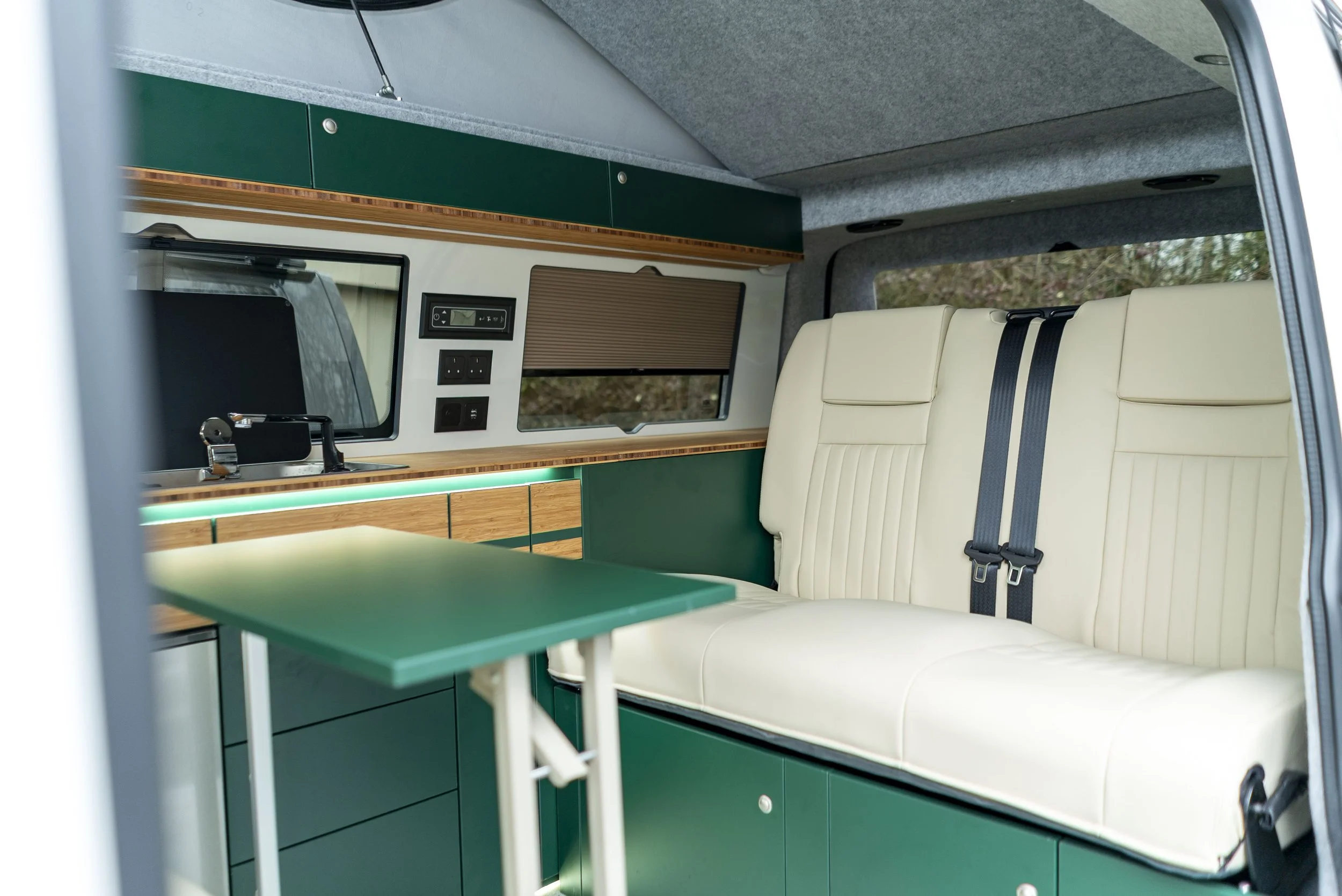 campervan interior with beautiful leather seats