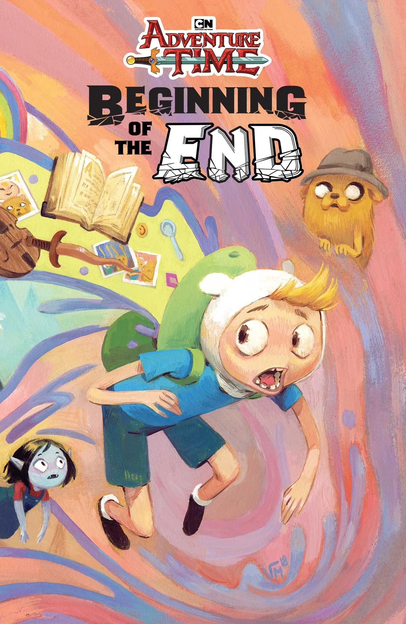 Cover art for 'Adventure Time: Beginning of the End,' featuring a young boy with blonde hair and a green backpack, running in a colorful, swirling background, with a small blue girl with black hair and white skin behind him, and a small fuzzy creatur