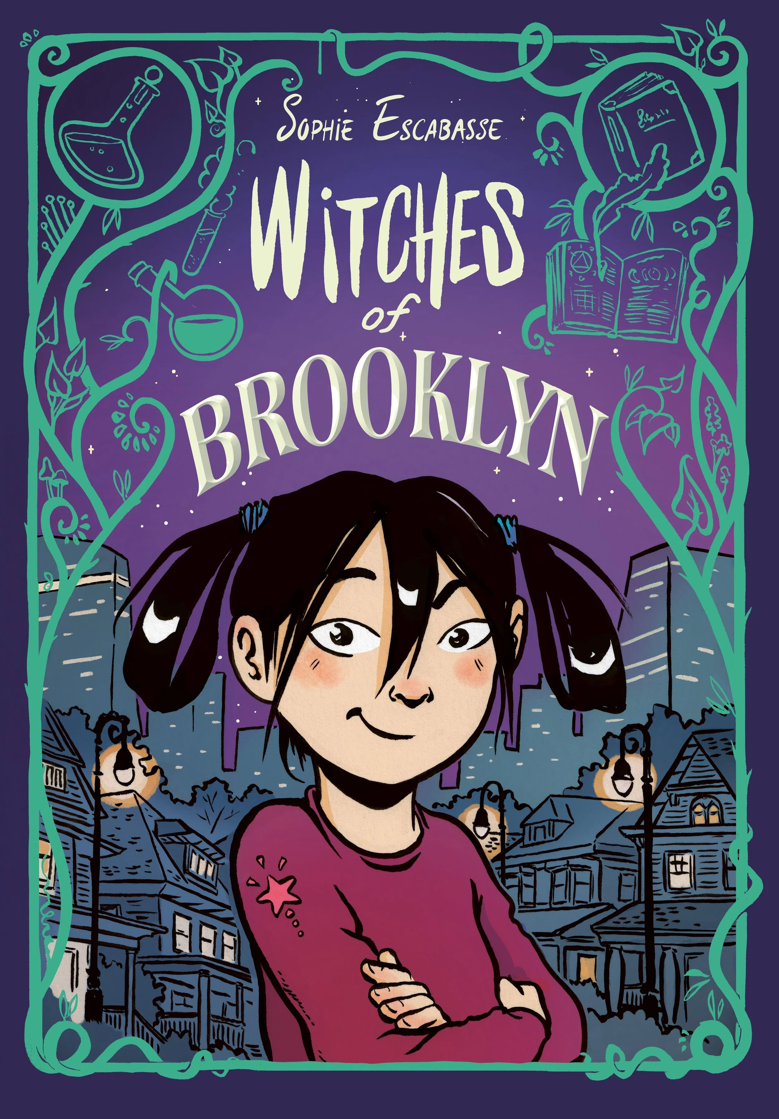Book cover for 'Witches of Brooklyn' by Sophie Escabasse, featuring a young girl with pigtails and arms crossed, cityscape background at night, book illustrations, and potion images.