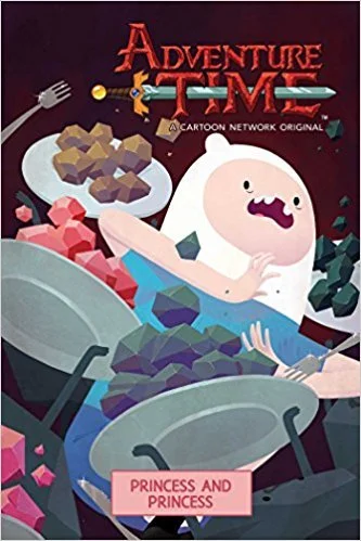 Book cover for 'Adventure Time: Princess and Princess,' featuring the character Finn the Human in a pile of colorful rocks and gems, with a dark background.