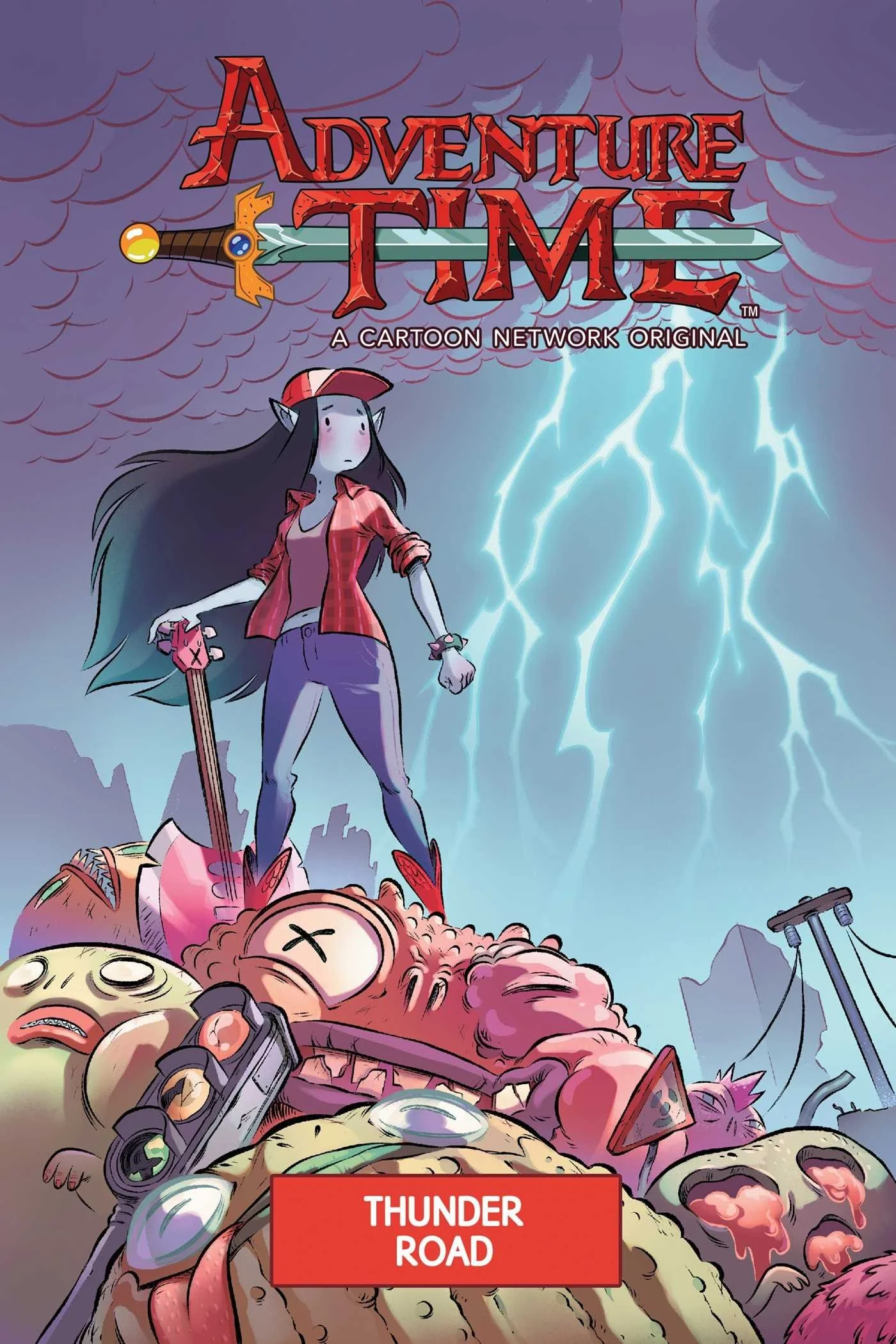 A cartoon illustration of a female character with long dark hair, wearing a red plaid shirt, jeans, and a backwards red cap, standing on top of a pile of monstrous, zombie-like creatures during a thunderstorm. Lightning strikes in the sky behind her.