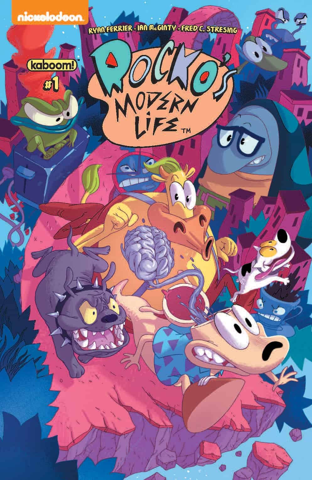 Cover of the Nickelodeon show 'Rocko's Modern Life' featuring cartoon characters in a colorful cityscape with buildings and clouds.
