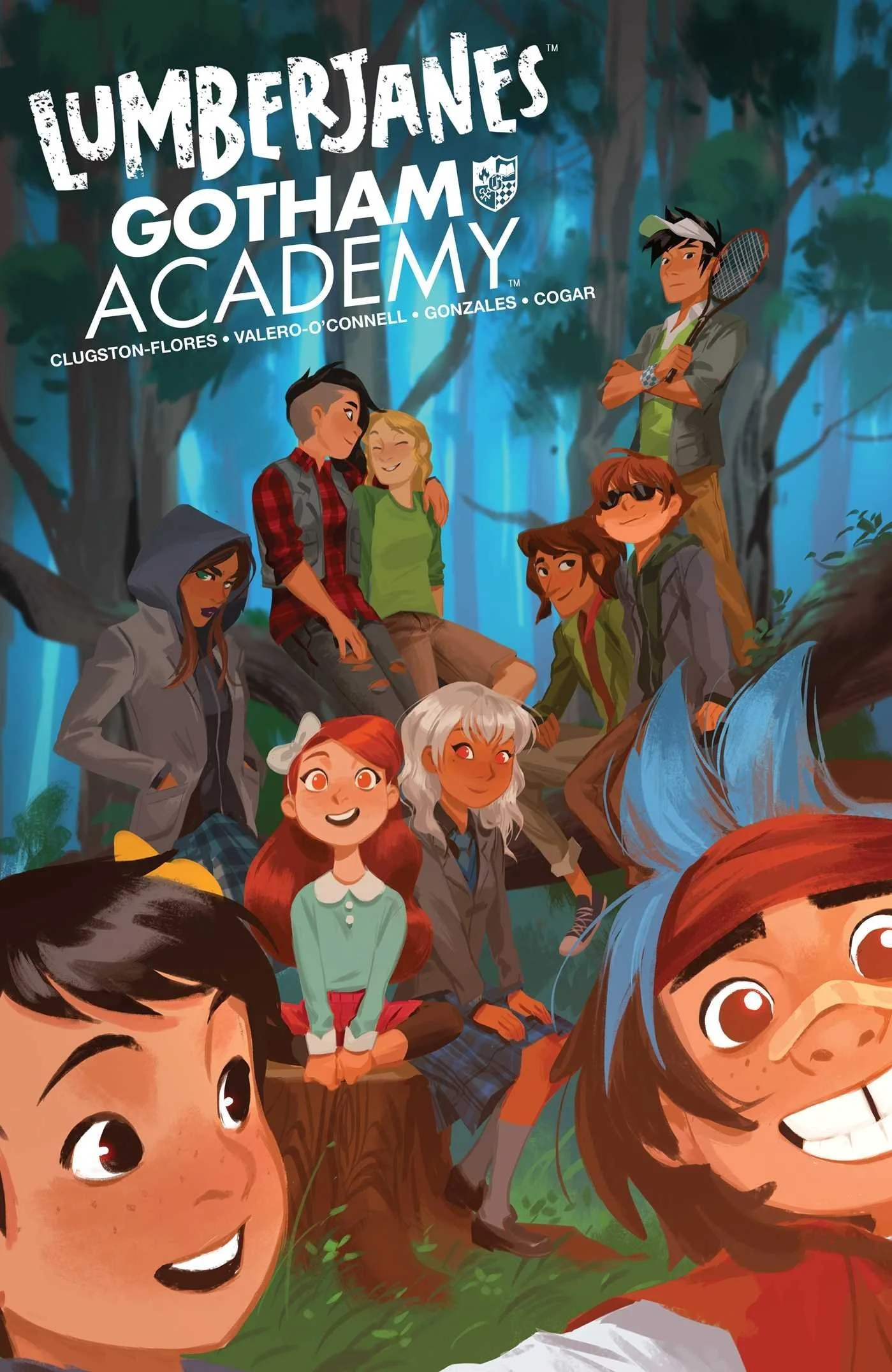 An illustrated promotional poster for 'Lumberjanes: Gotham Academy,' featuring diverse animated characters in a forest setting, with some sitting on a log, others standing or leaning against trees. The background shows trees and a blue glow, and the 