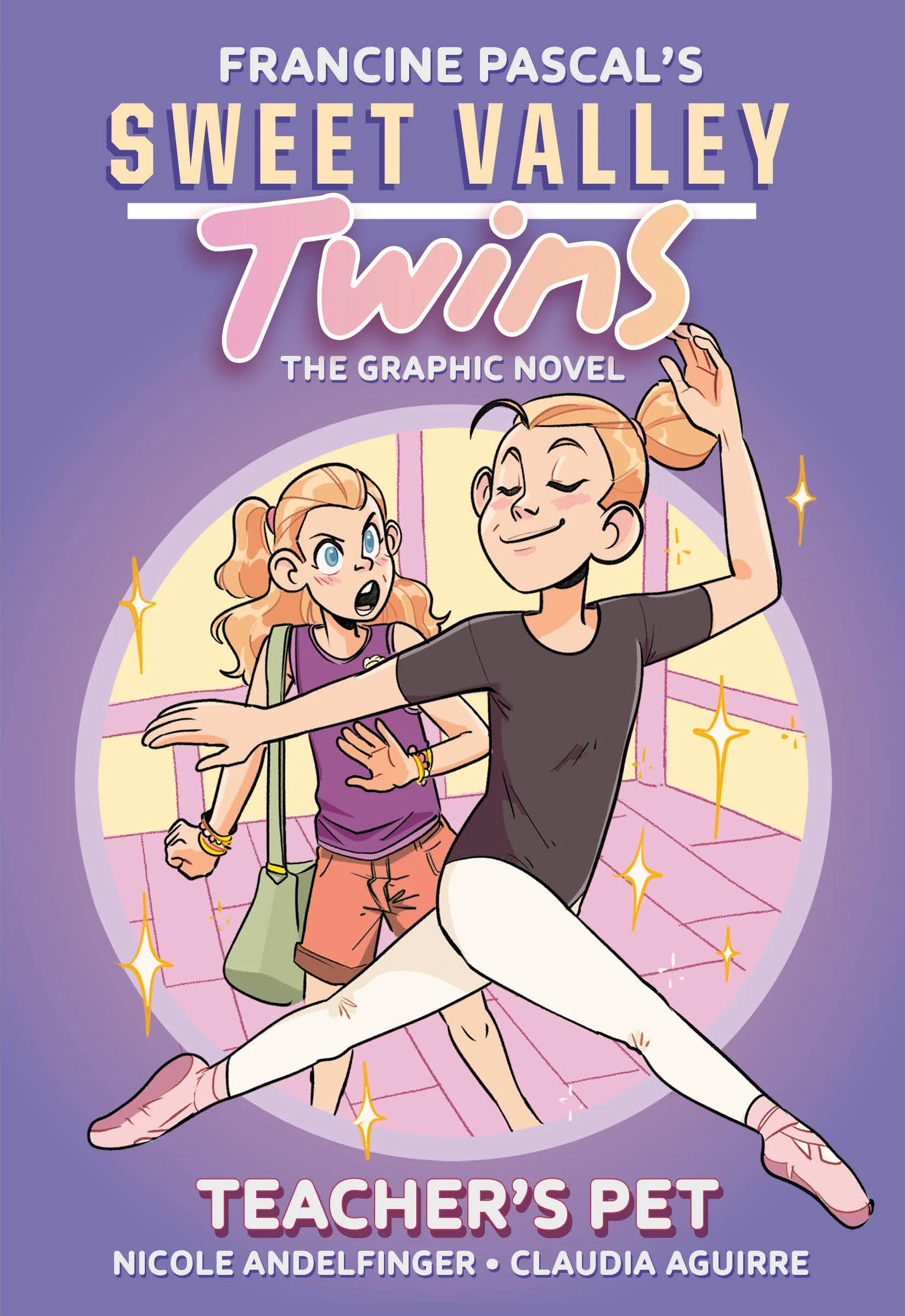 Book cover for "Sweet Valley Twins: Teacher's Pet" featuring two animated characters dancing in a school hallway, with a purple background and sparkles.